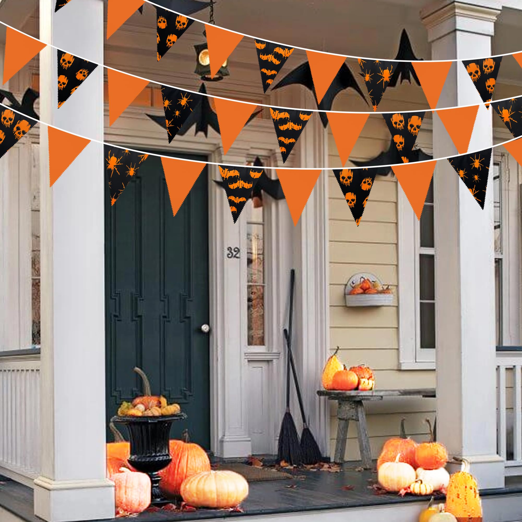 32Ft Orange Black Halloween Party Decorations Spider Skull Bats Fabric Pennant Banner Triangle Flag Bunting Garland Streamers Fo