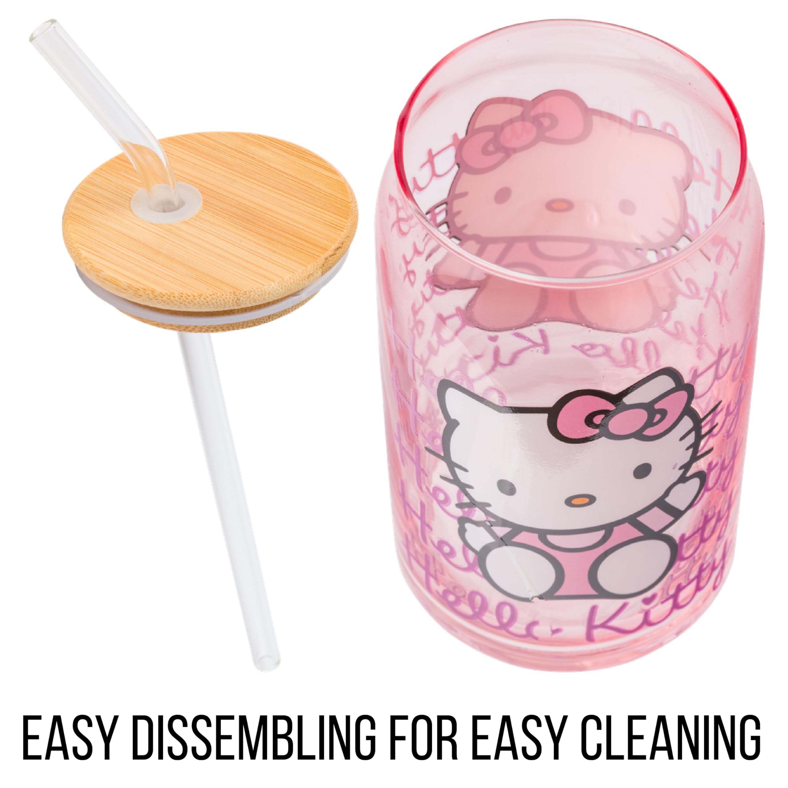 Silver Buffalo Sanrio Hello Kitty Glass Tumbler With Bamboo Lid And Glass Straw, 16 Ounces