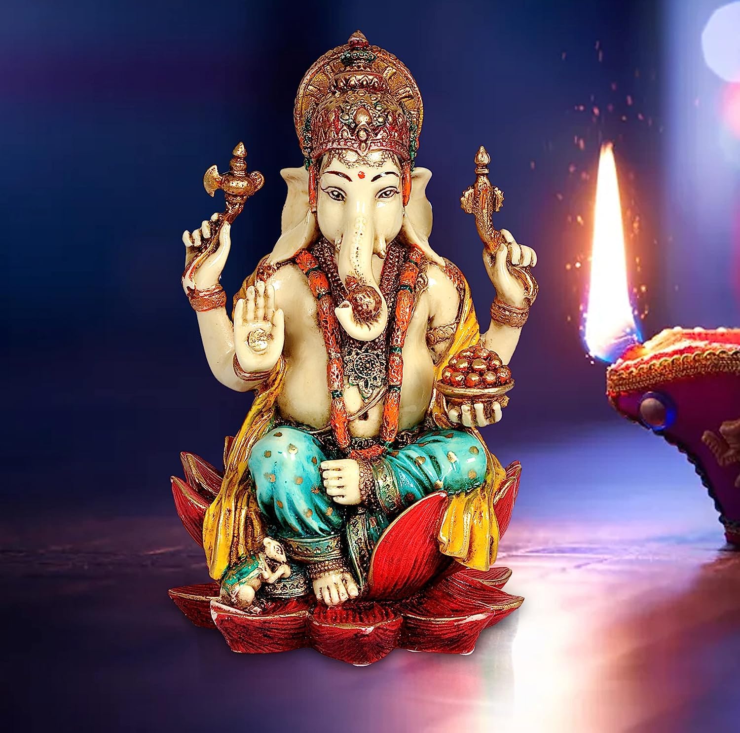 Aona Polyresin Ganesha Statue Idol Murti On Lotus For Temple Home Decor | Height : 7 Inches (Orange)