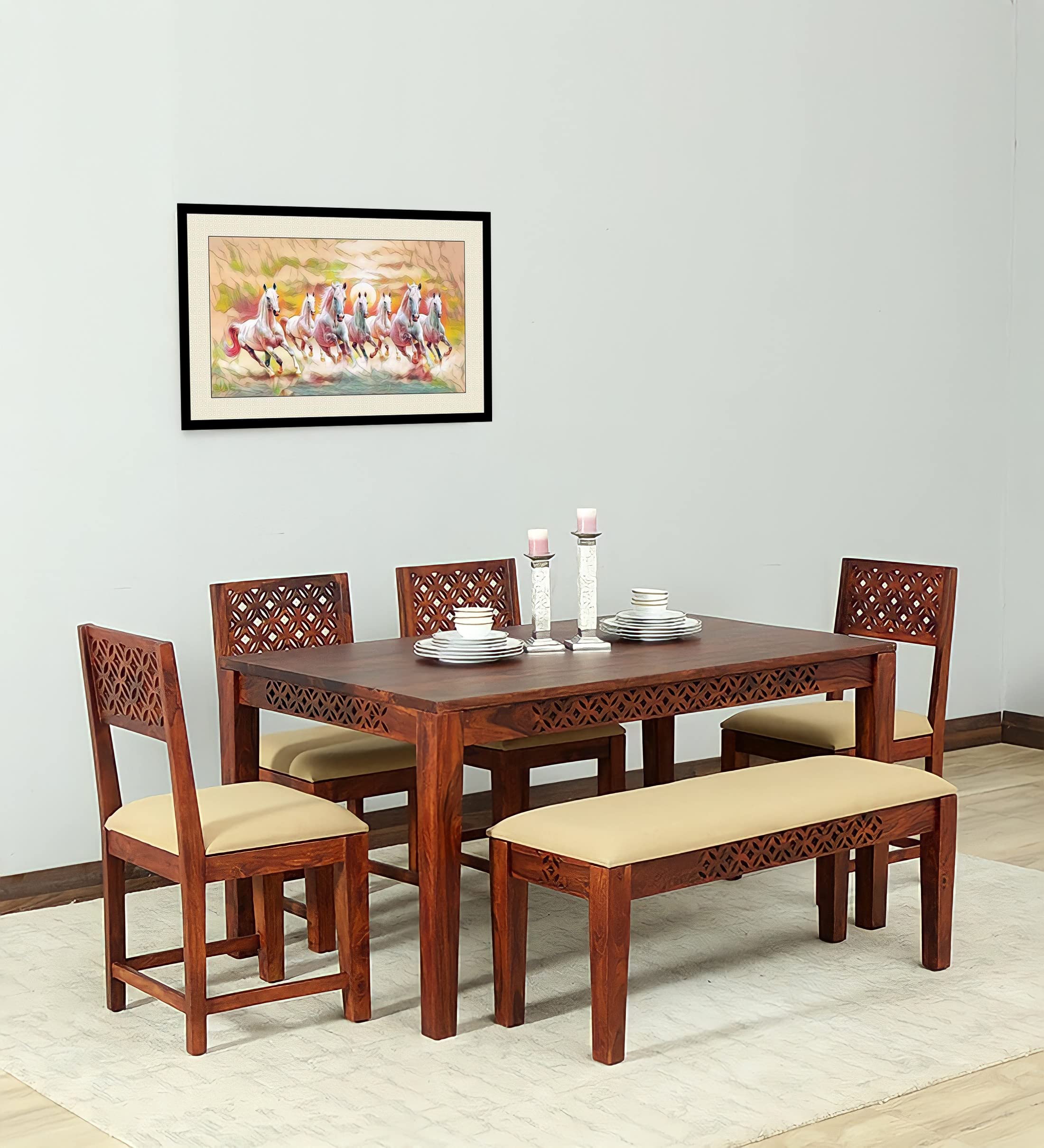Pc Wood Furniture Solid Sheesham Wood 6 Seater Dining Table Set With 4 Cushion Chair And 1 Bench For Dining Room Living Room Hom
