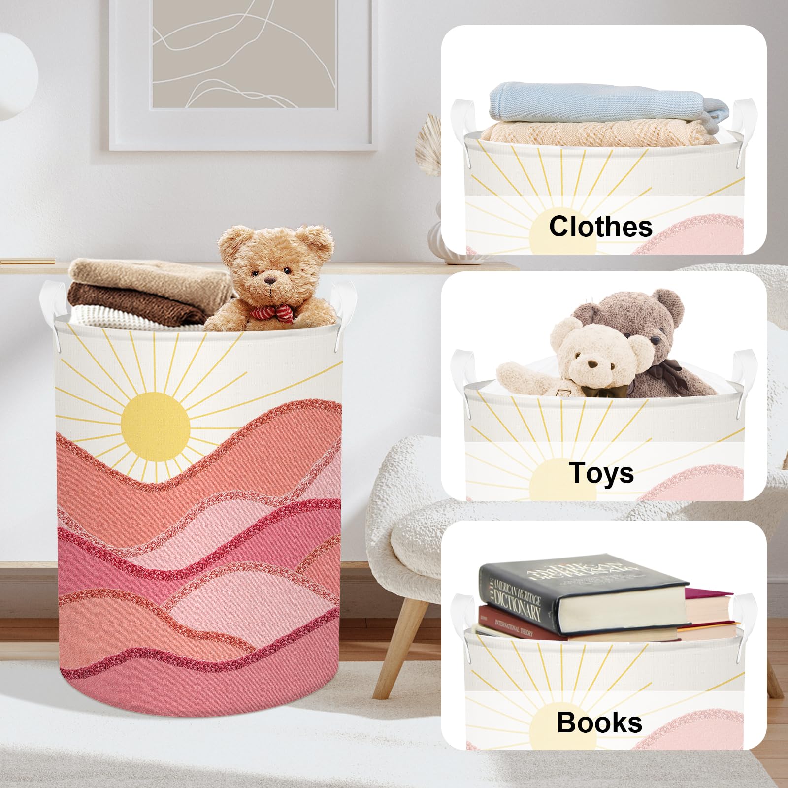 Clastyle 63L Pink Boho Sunrise Girl Hamper Outdoor Towel Storage Beach Blanket Pool Toy Basket Large Round Dirty Clothes Laundry