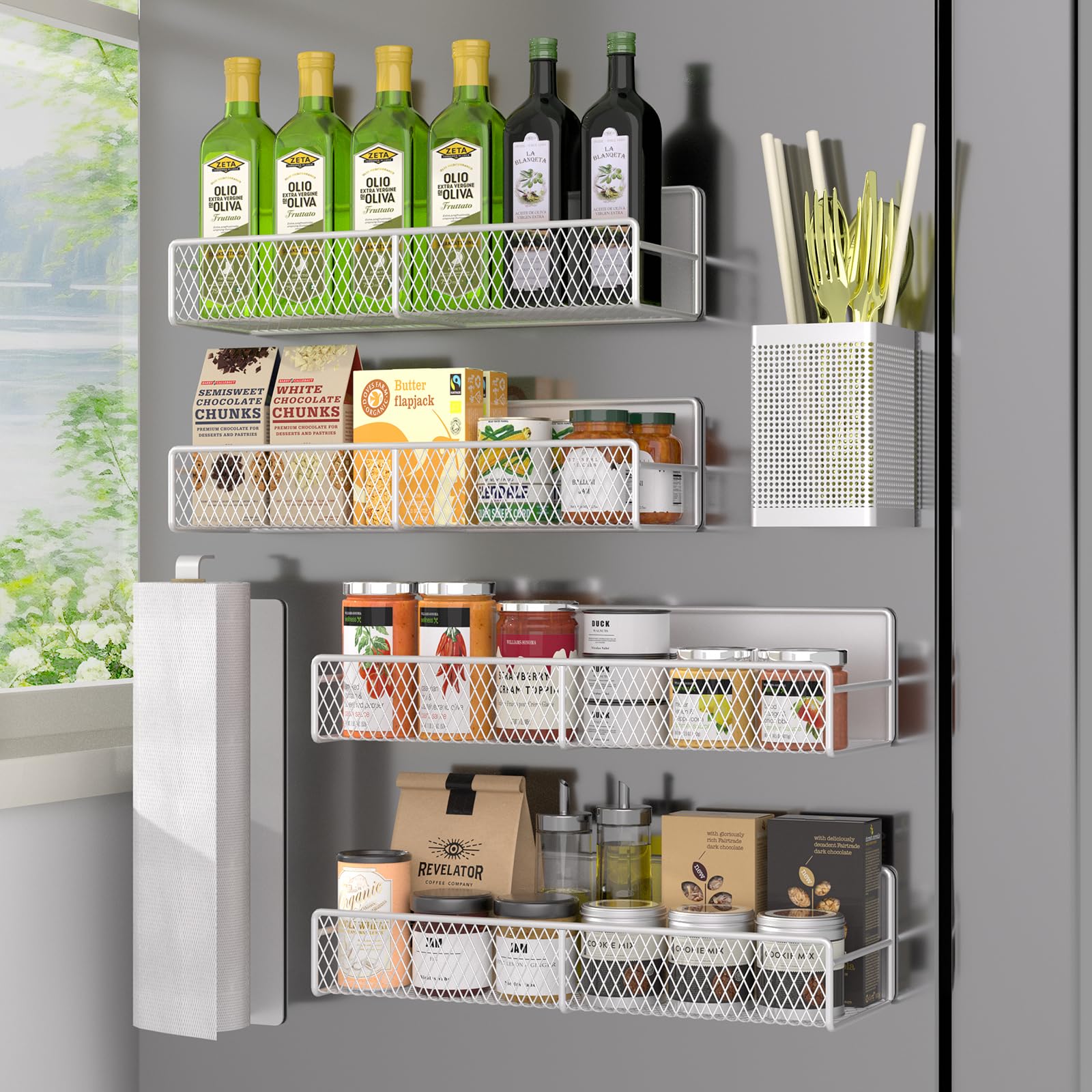 Dtuqyx Magnetic Spice Rack, Refrigerator Organizer, 6 Pack Metal Black Magnetic Shelf With Paper Towel Holder, Utensils Holder,