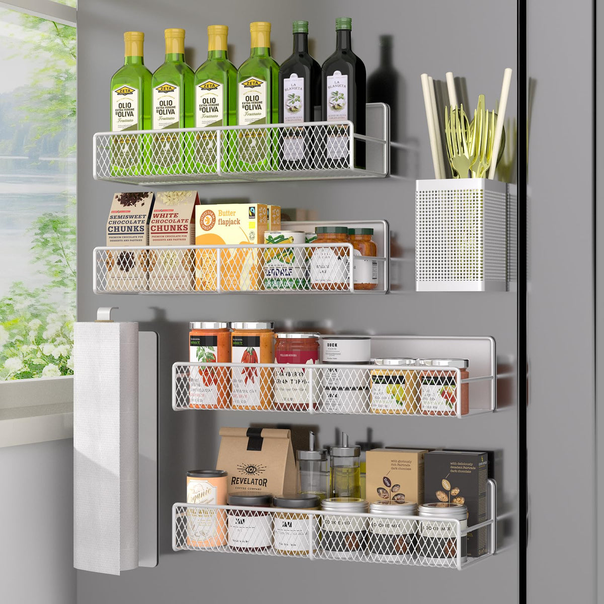 Dtuqyx Magnetic Spice Rack, Refrigerator Organizer, 6 Pack Metal Black Magnetic Shelf With Paper Towel Holder, Utensils Holder,