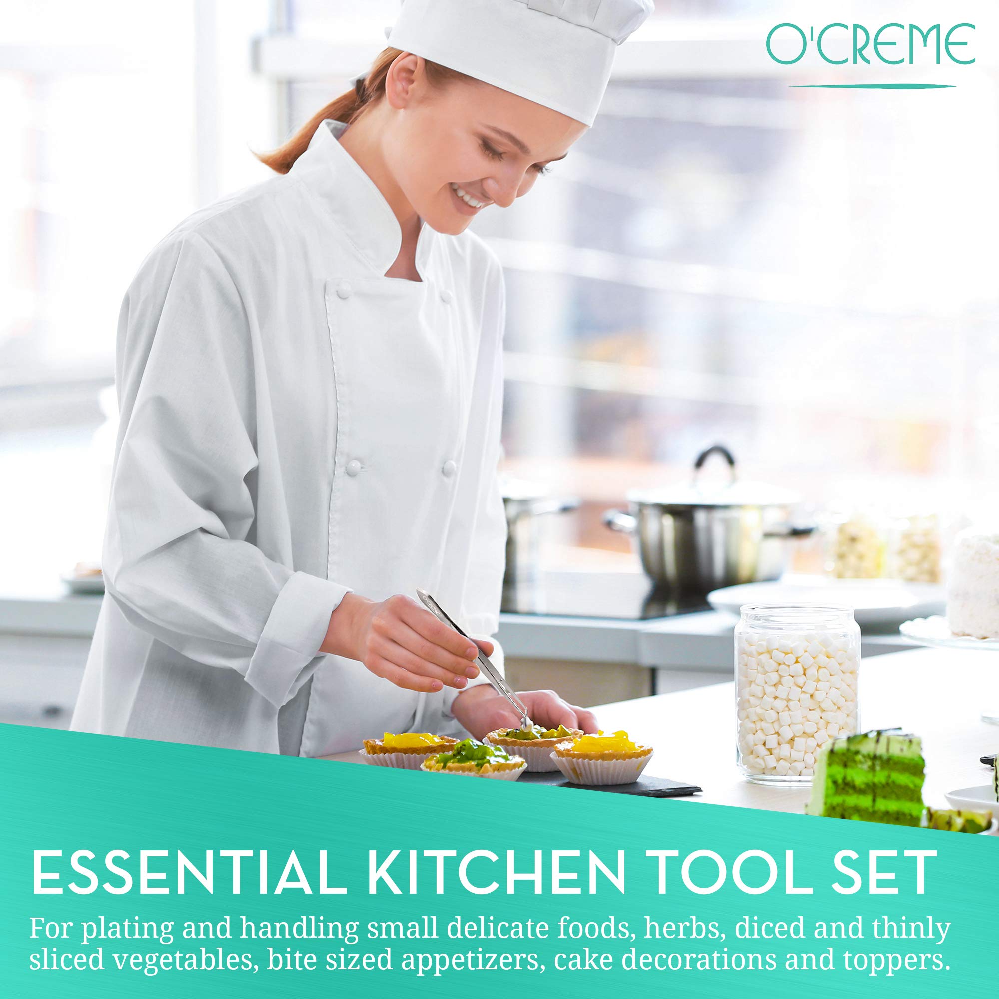 O'Creme Stainless Steel Precision Kitchen Culinary Fine-Tip Tweezer Tongs  1 Curved and 1 Straight