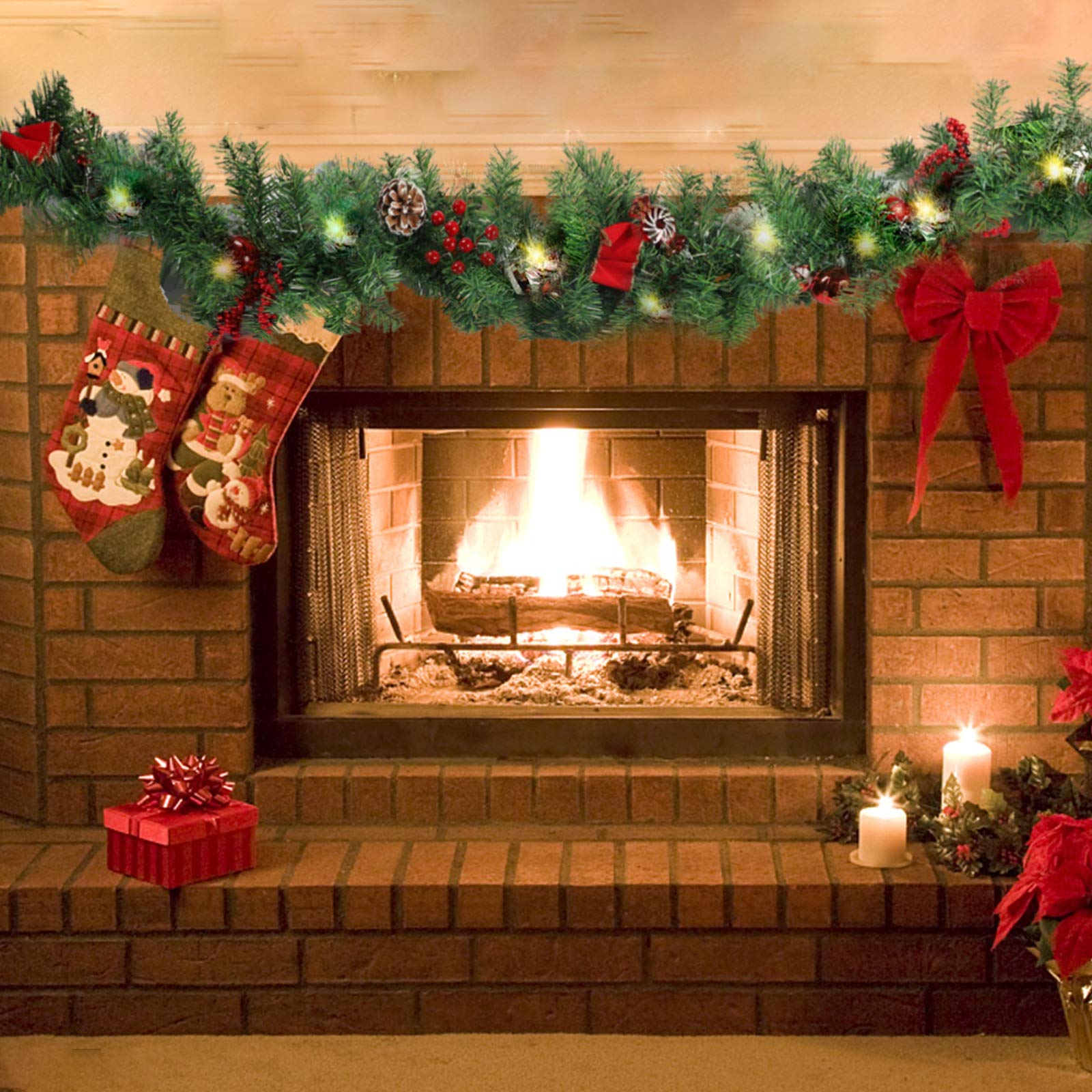MorTime 9 FT LED Christmas Garland with Pinecones Red Berries Bows Christmas Balls Candies, Multi-Function Christmas Garland wit