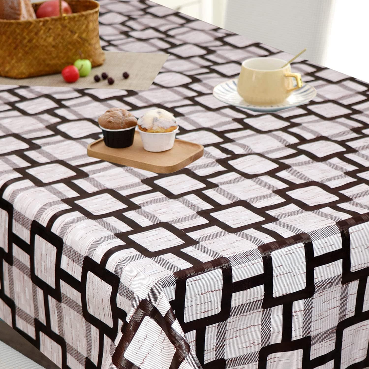 Brown Check Print Center & Dining Table Cover for 2 to 6 Seater Table Cloth Water and dust with OilProof PVC Rectangular Shape 
