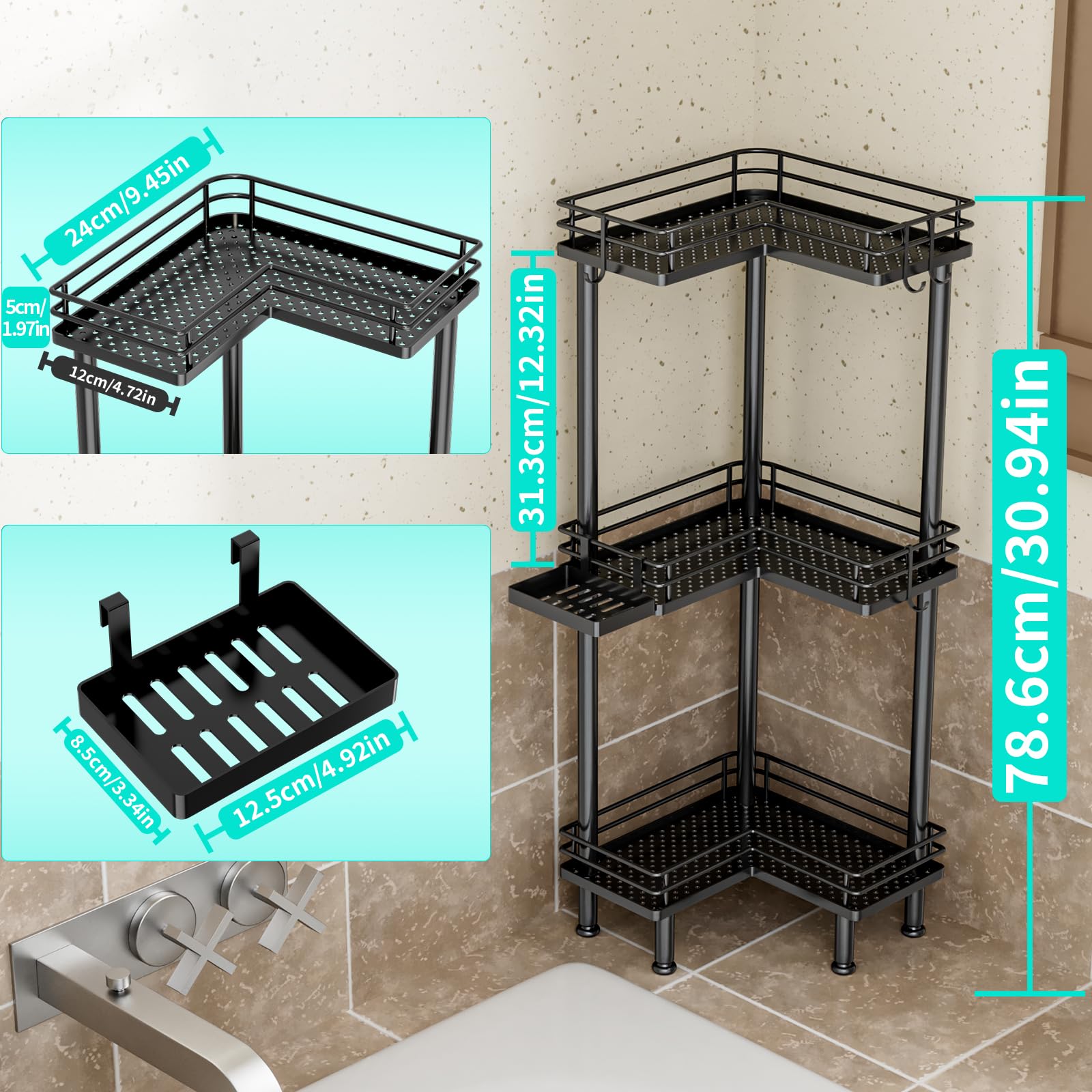Hapirm Corner Shower Caddy Standing - 3 Tier Shower Organizer Corner With Soap Holder, Rustproof Shower Shelves With 4 Hooks For