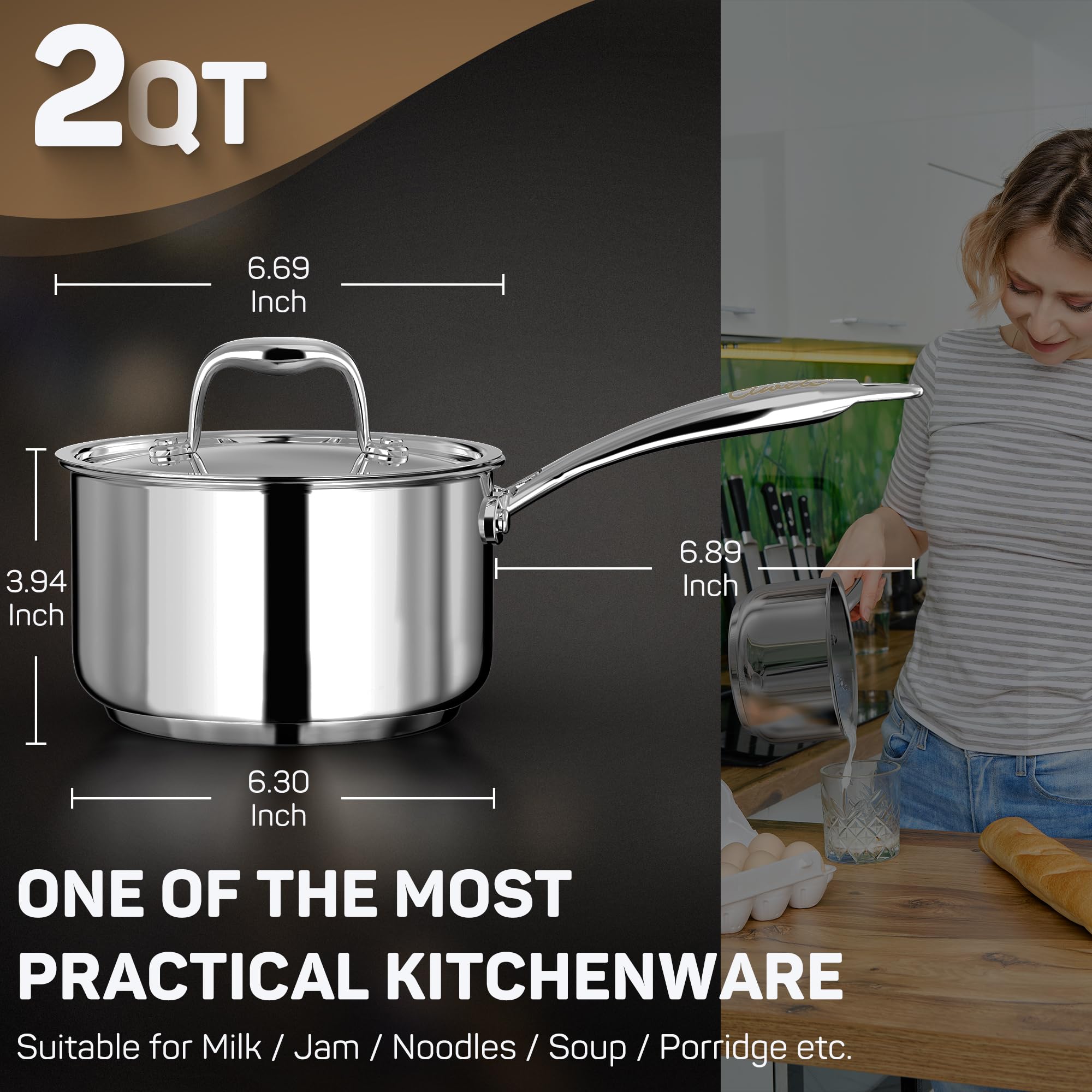 Ciwete 2 Quart Sauce Pan With Lid, Tri Ply Stainless Steel Saucepan 2 Qt With Stainless Steel Lid, 2 Measuring Lines, Upgraded P