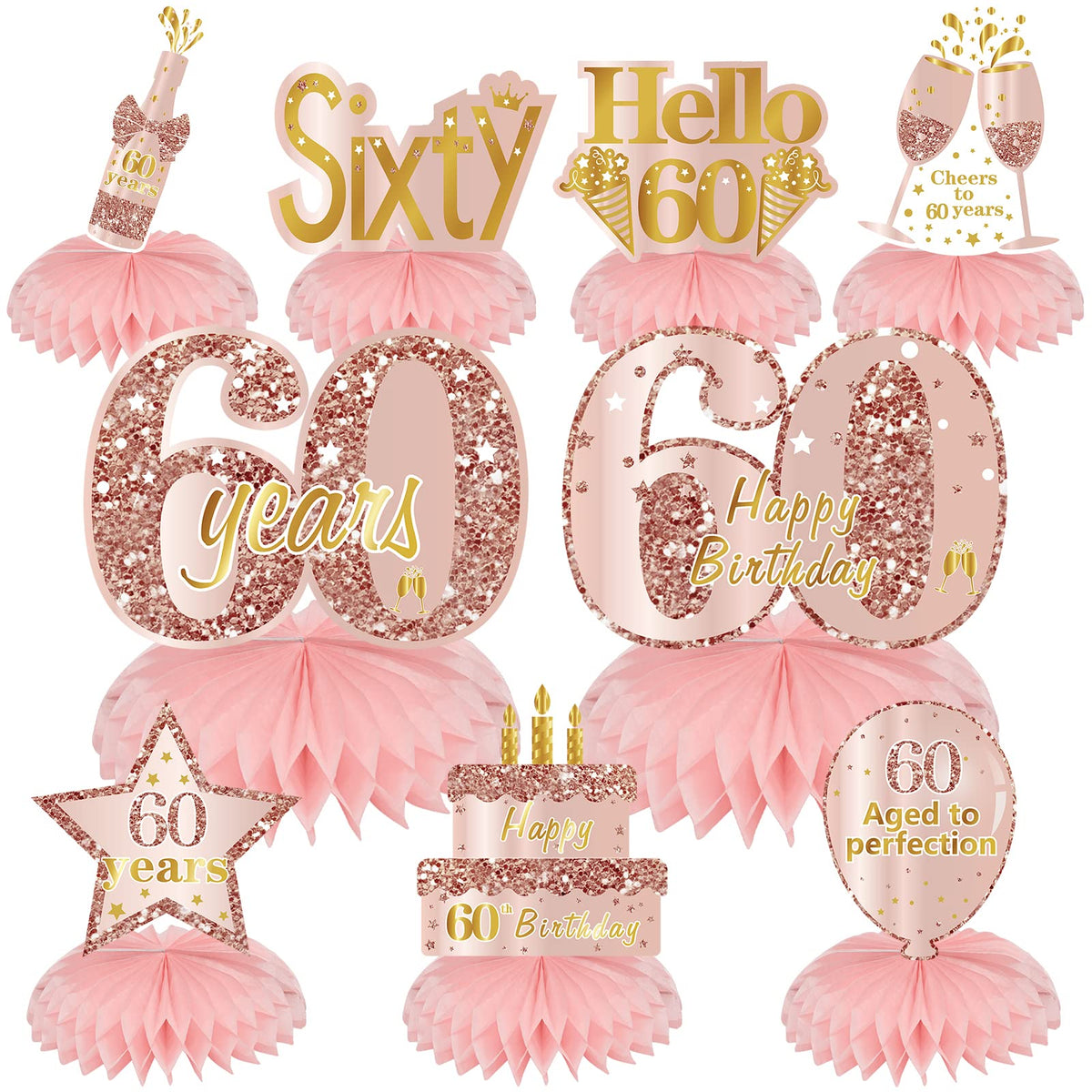 Turypaty Pink Rose Gold 60Th Birthday Honeycomb Centerpieces Decorations For Women, 9Pcs Rose Gold Happy 60Th Birthday Table Cen