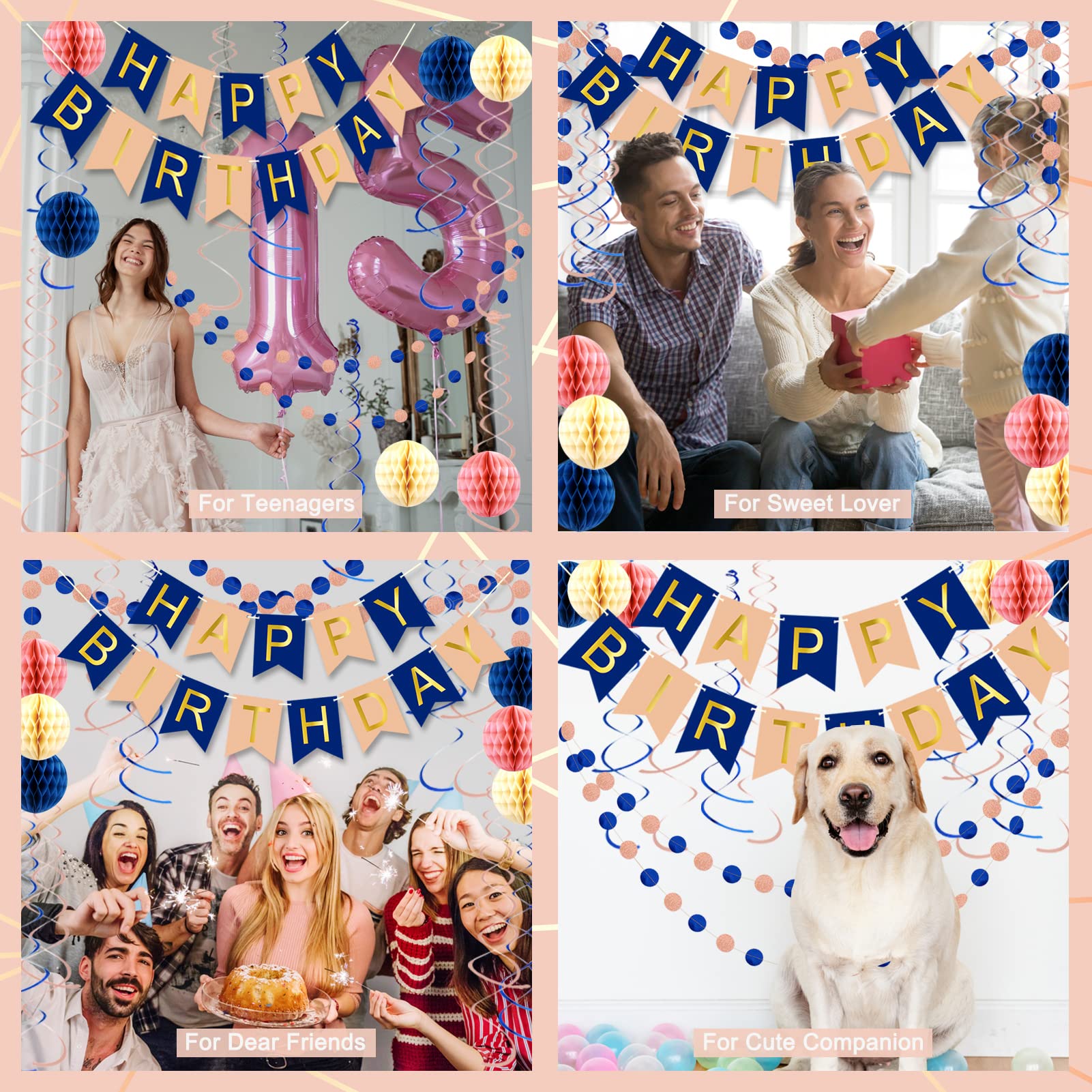 Navy Rose Gold Birthday Decorations With Happy Birthday Banner, Honeycomb Balls, Metallic Hanging Swirls And Circle Parper Garla