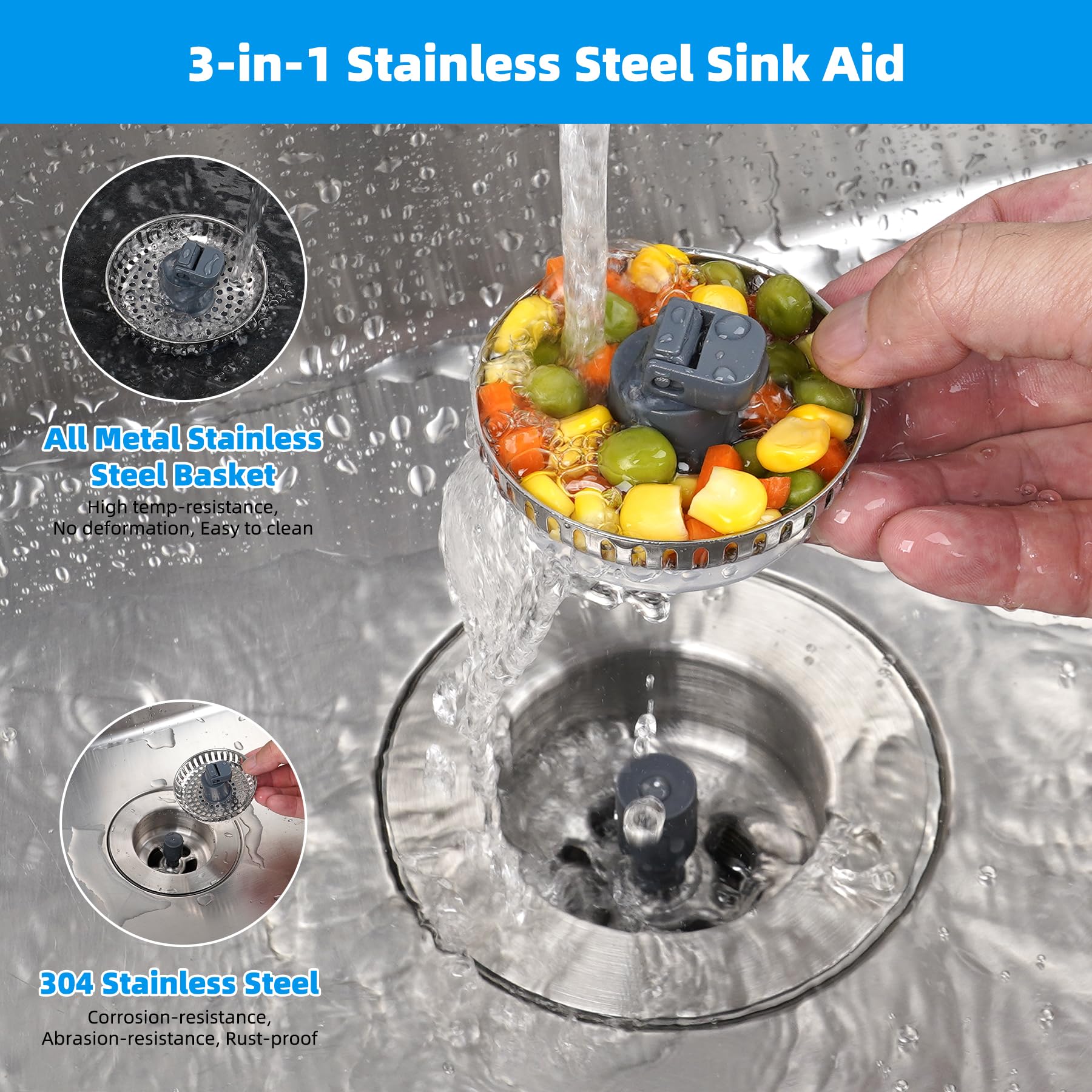 Hibbent 3 In 1 Kitchen Sink Drain Strainer, Stainless Steel Drain Stopper Combo, Pop Up Sink Stopper, Anti-Clogging Metal Basket