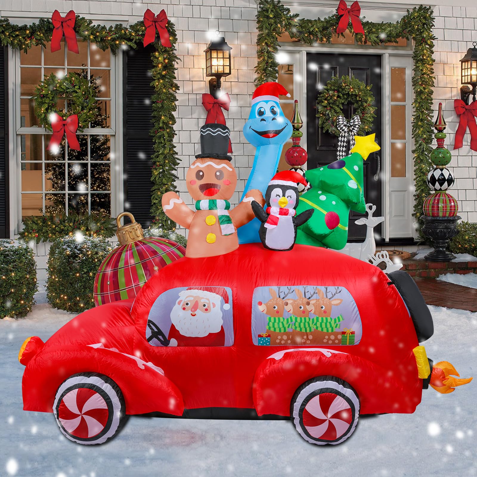Risenor 7.5 FT Long Christmas Inflatables Gingerbread Man Penguin Dinosaur with Xmas Tree and Santa Outdoor Decorations, Inflata
