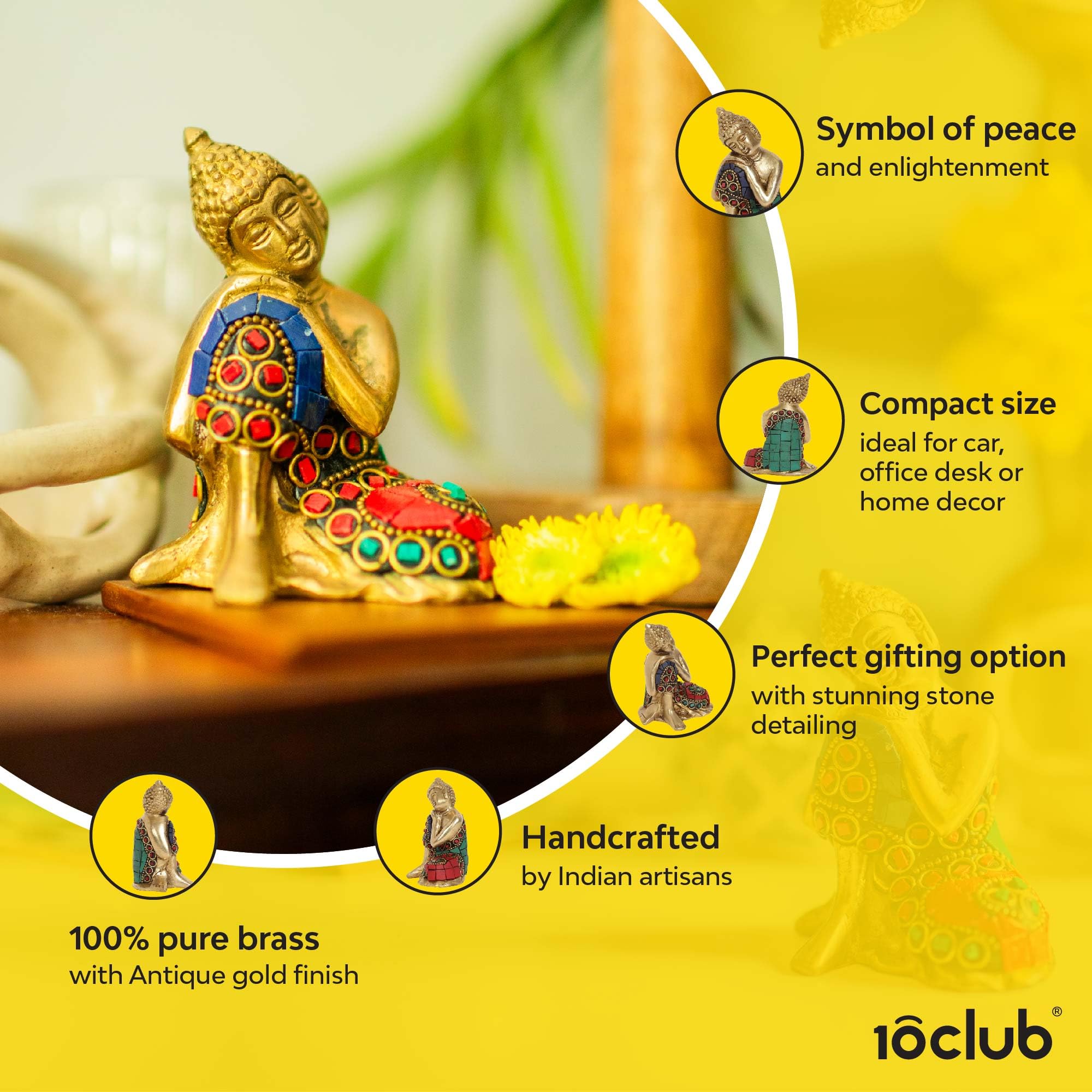 10Club Lord Buddha Idol - 1Pc (9.6 cm, 500 Grams) - 100% Pure Brass | Buddha Statue for Home Decor | Ideal for Gifting | Figurin