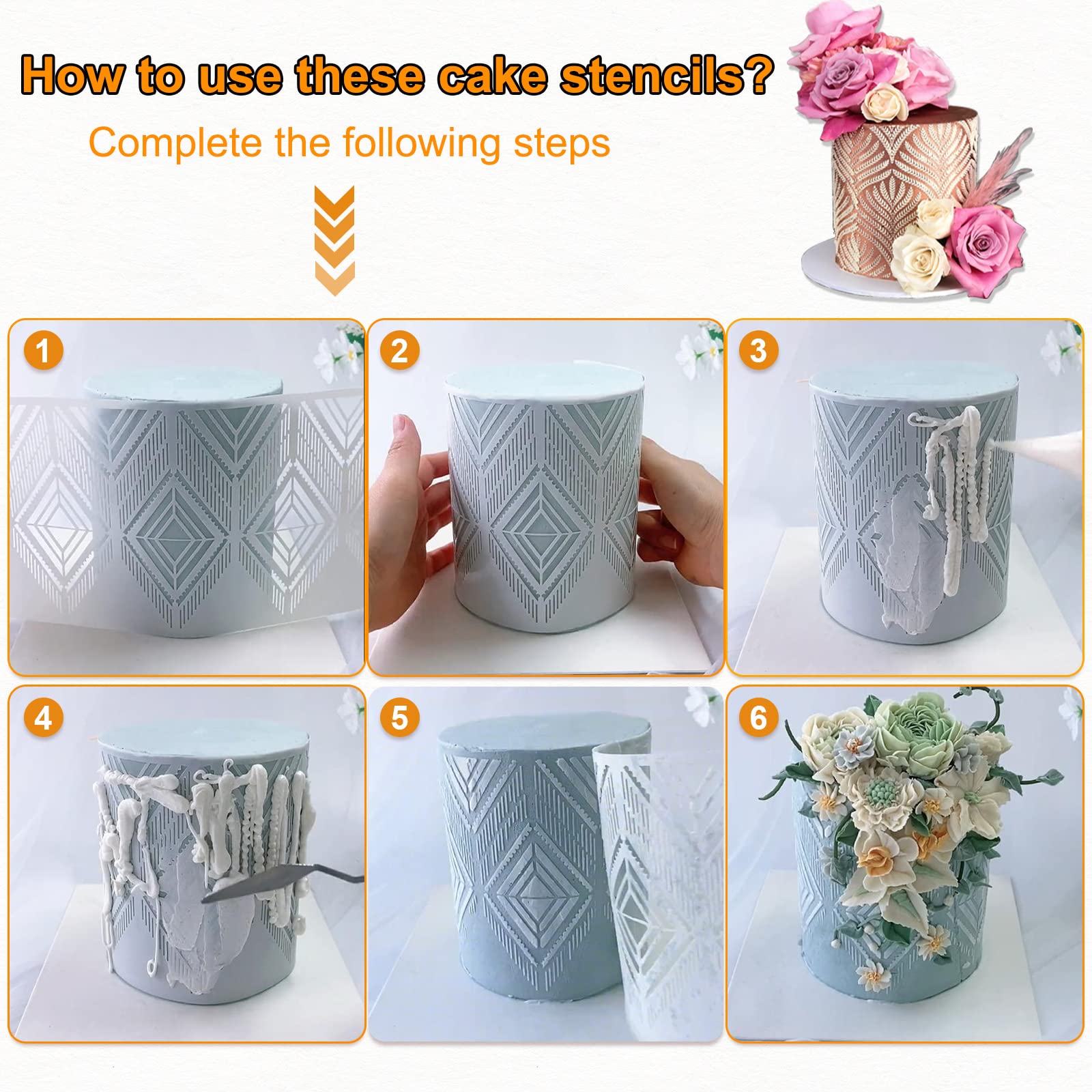 Di Qiu Ren 8Pcs Cake Decorating Stencils & Templates, 8X9.8Inches Large Floral Cake Printing Fine Hollow Lace Cookie Fondant Des