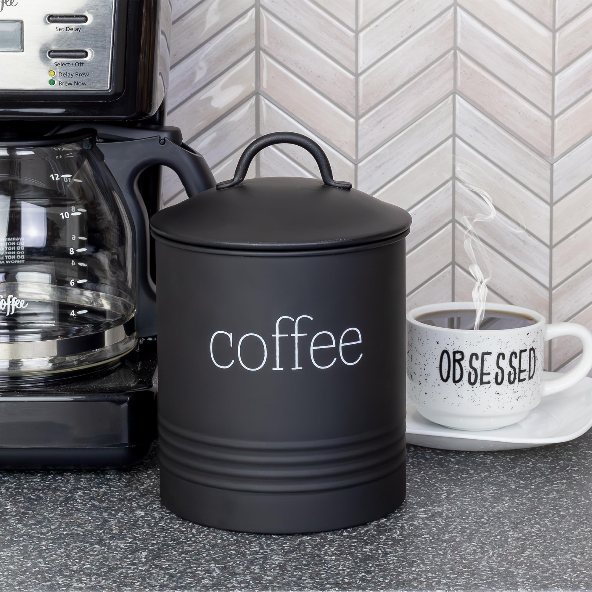 AuldHome Enamelware Black Coffee Canister; Modern Farmhouse Style Coffee Storage for Kitchen