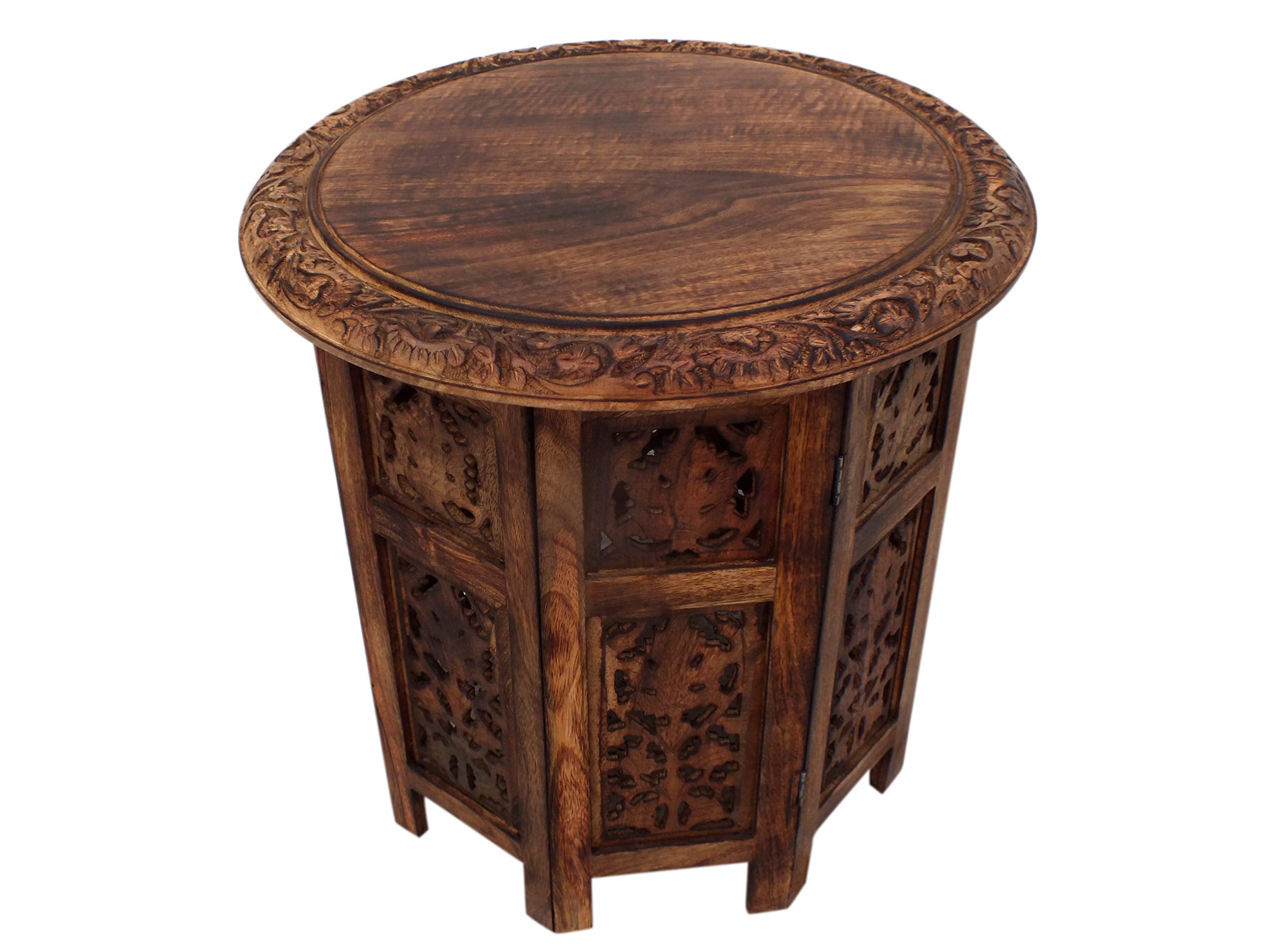The Urban Port 18 Inch Mango Wood Folding Accent Table, Hand Carved, Walnut Brown