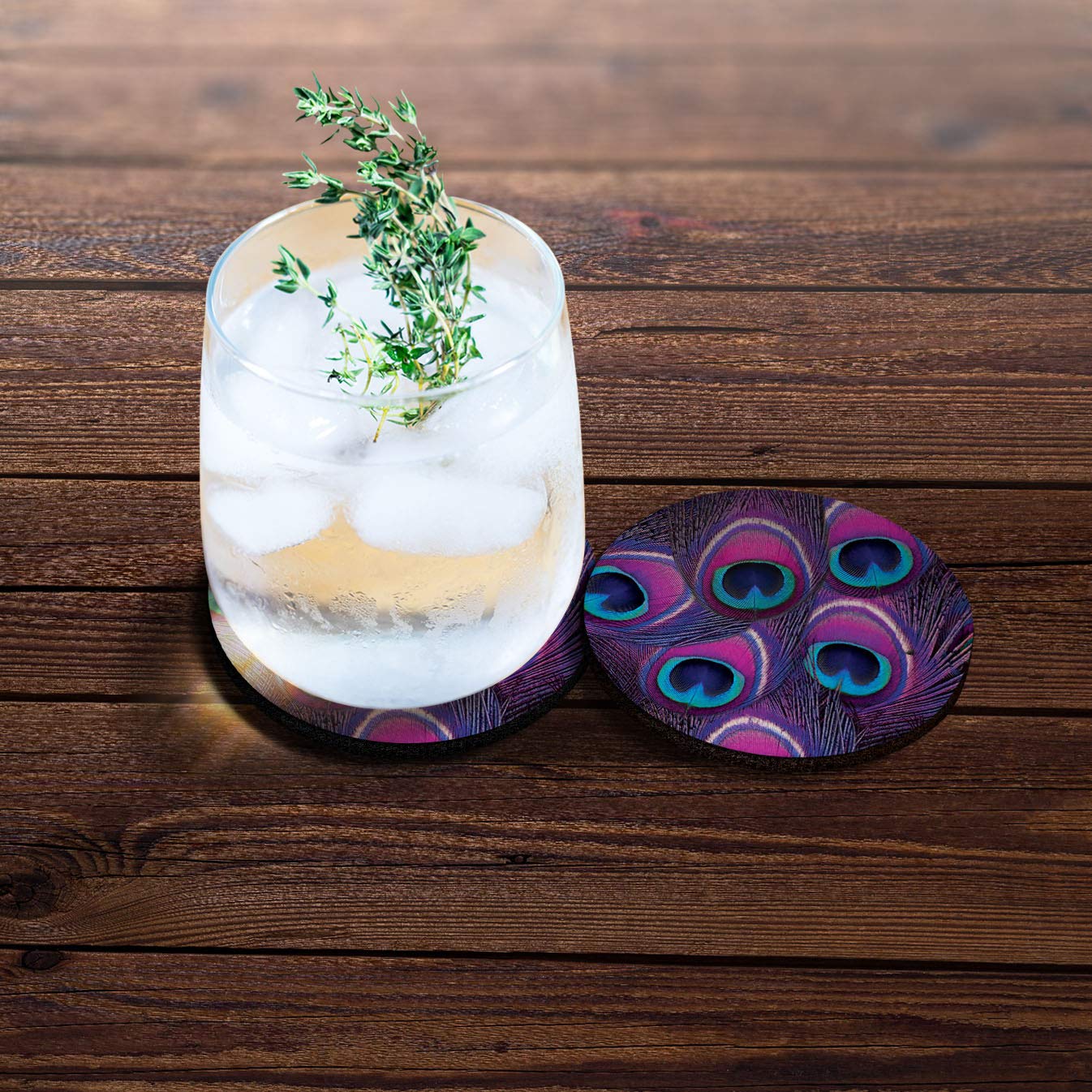 Caribou Coasters , Purple Peacock Feather Design Absorbent Round Fabric Felt Neoprene Car Coasters For Drinks, 2Pcs Set