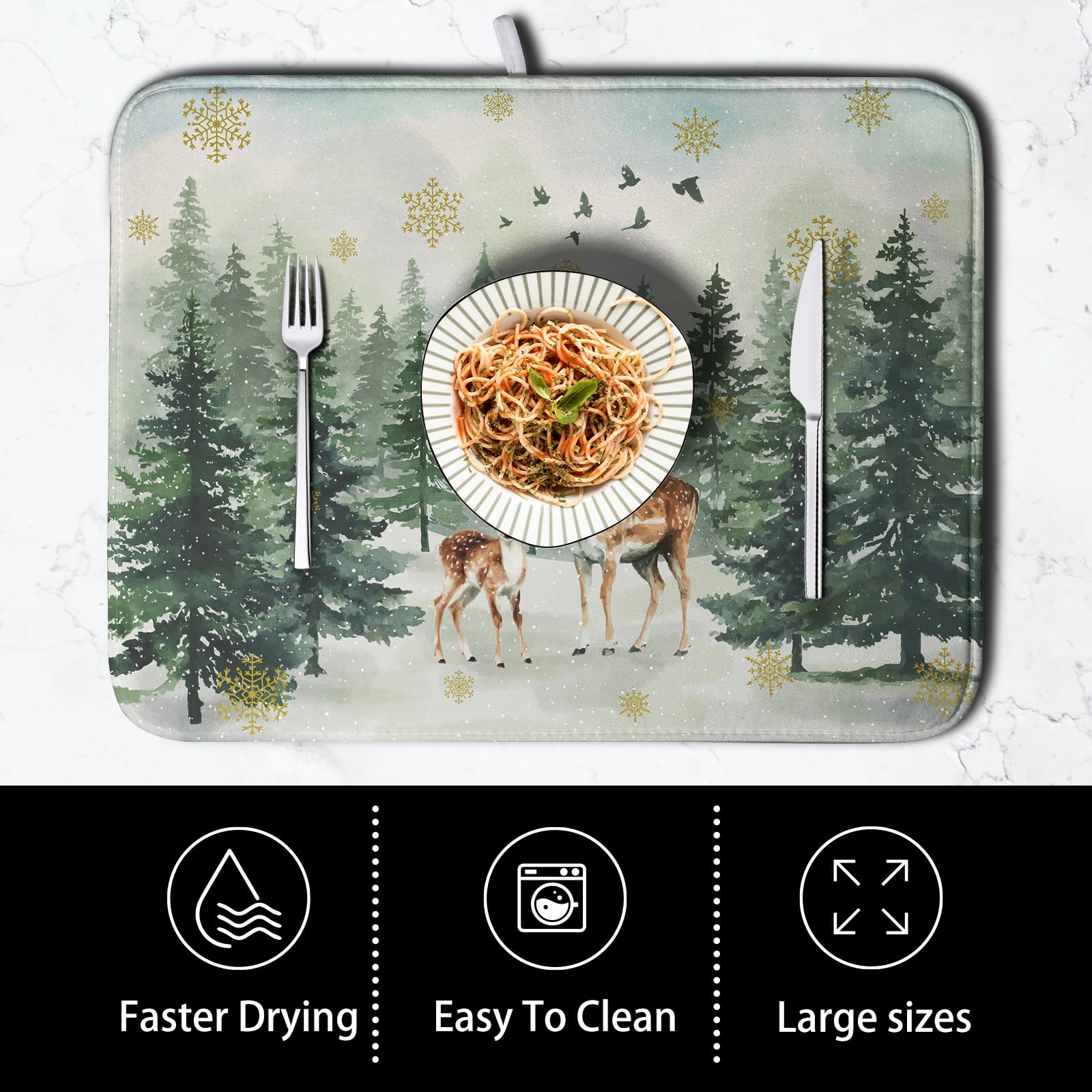 Kwlegh Reindeer Tree Snowflakes Christmas Dish Drying Mats for Kitchen Counter 18x24 Inch Winter Forest Dish Drainer Mats Absorb