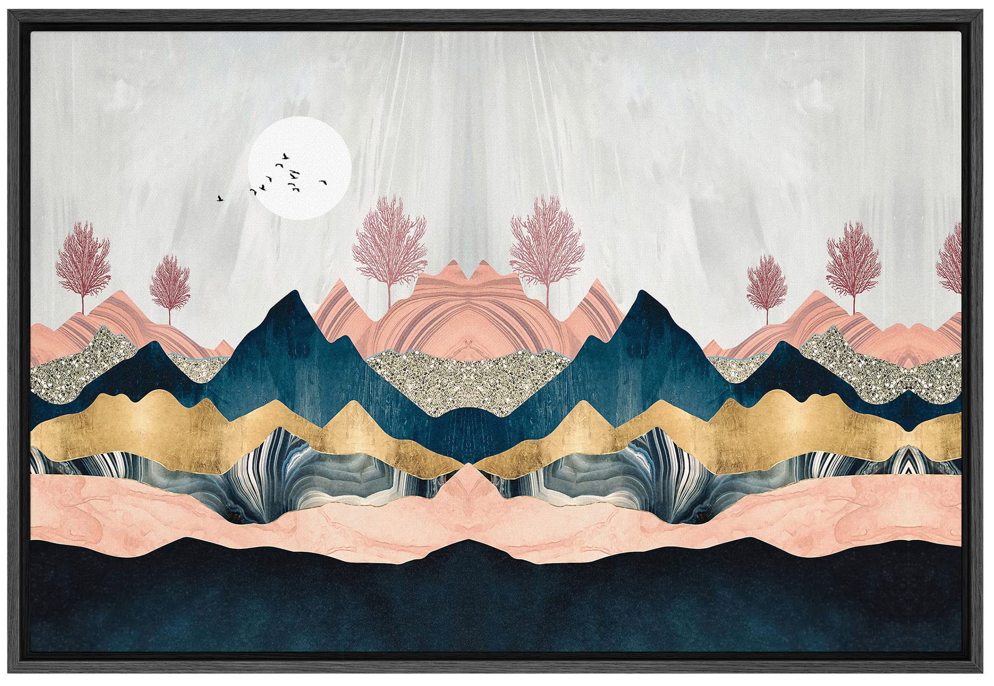 Signford Framed Canvas Print Wall Art Symmetrical Pink & Gold Marble Landscape Abstract Wilderness Illustrations Modern Art Rust