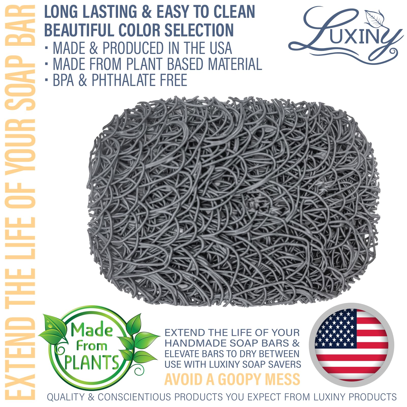 Soap Savers for Bar Soap  American Made by Luxiny  Lifts Soap in Soap Dishes & Shower Soap Holders - Handmade Soap Lasts Longer - Made with Environmentally Friendly Bioplastics (Slate Gray - 2 Pack)