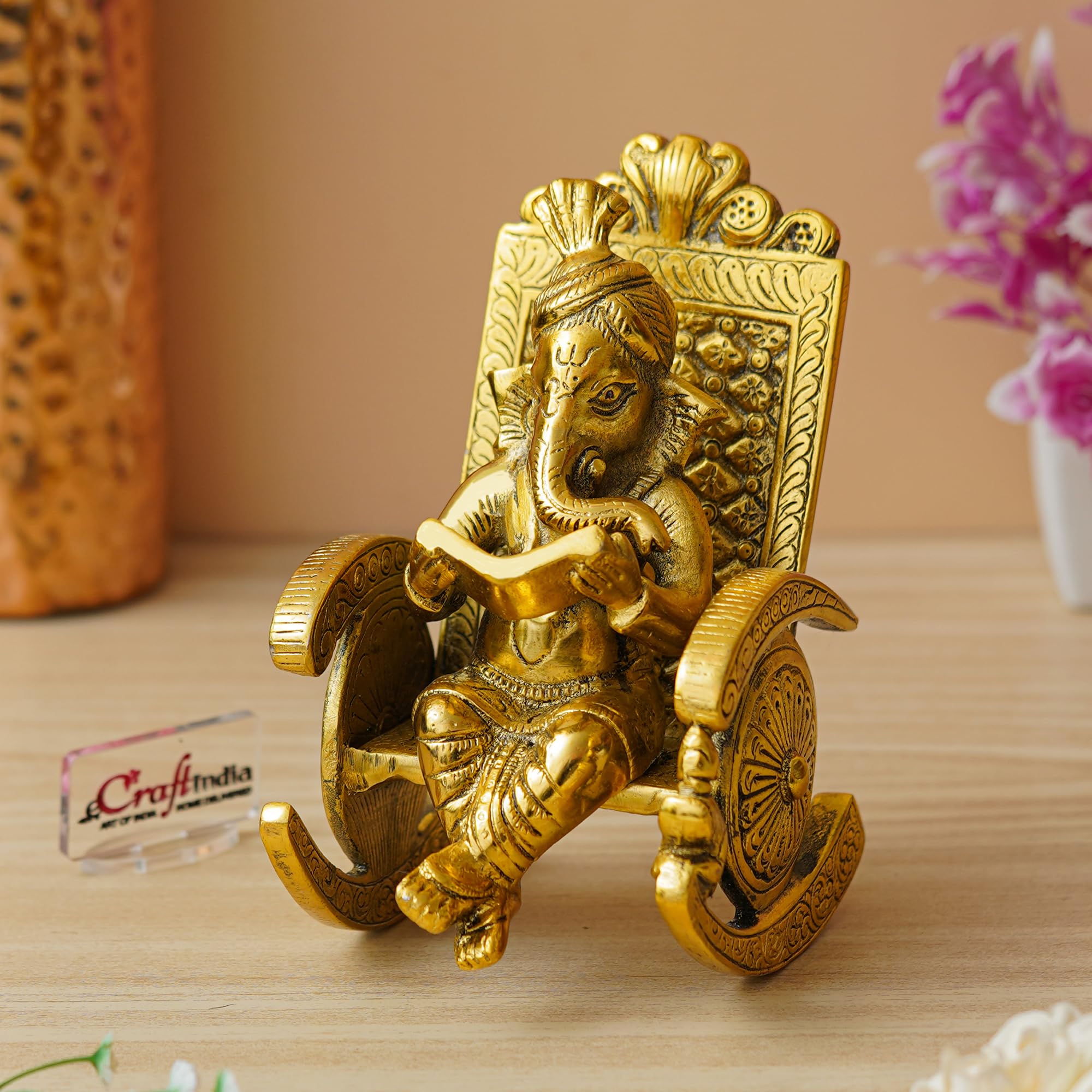 Ecraftindia Golden Metal Handcrafted Lord Ganesha Idol Reading Book On Rocking Chair - God Idol For Home Decor, Office Desk, And