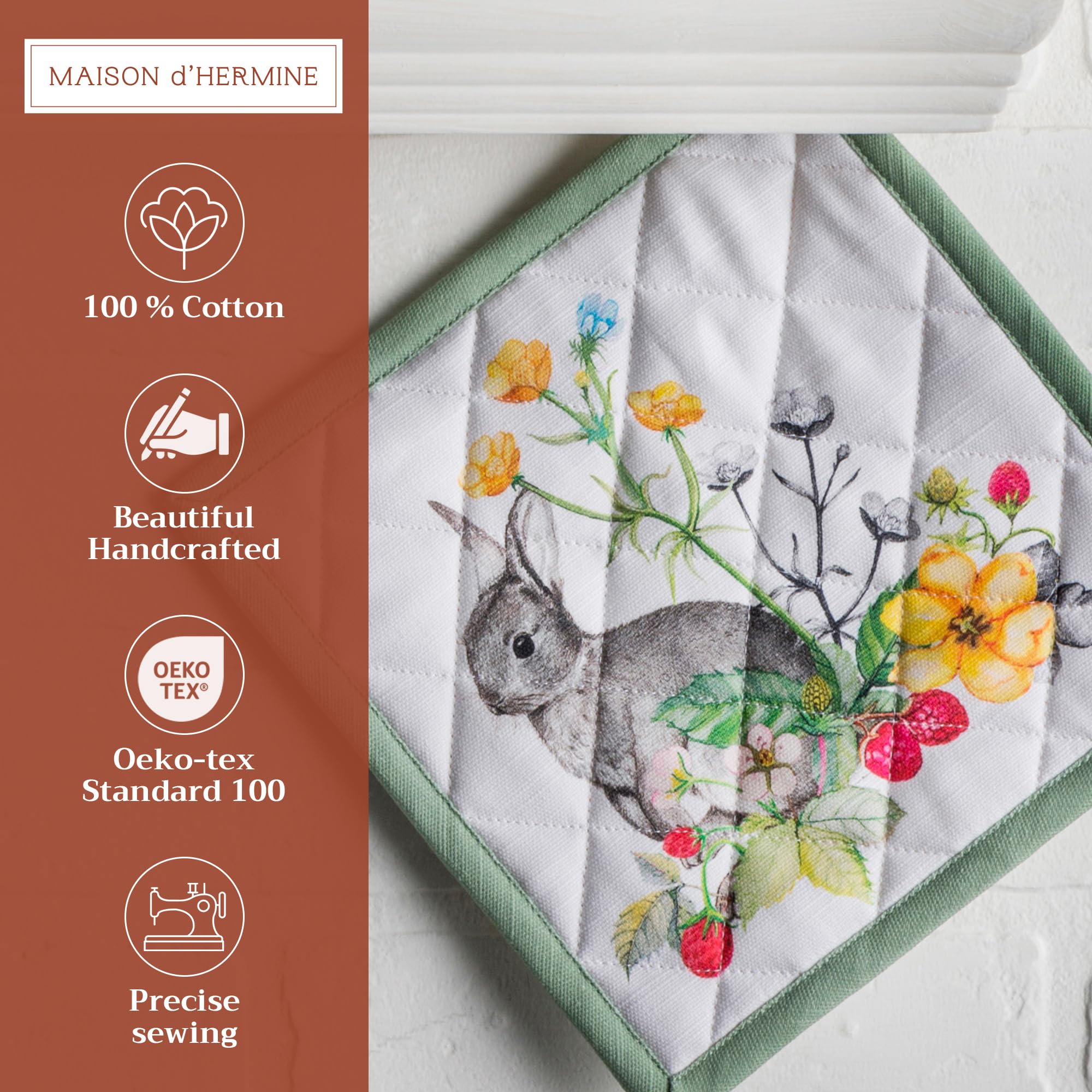 Maison d' Hermine Pot Holder 100% Cotton Heat Resistant Hot Pads with Loop Set of 2 Potholder for Gifts Grilling Microwave  Handling Hot Pans  Printemps - Spring/Summer (8 Inch x 8 Inch)