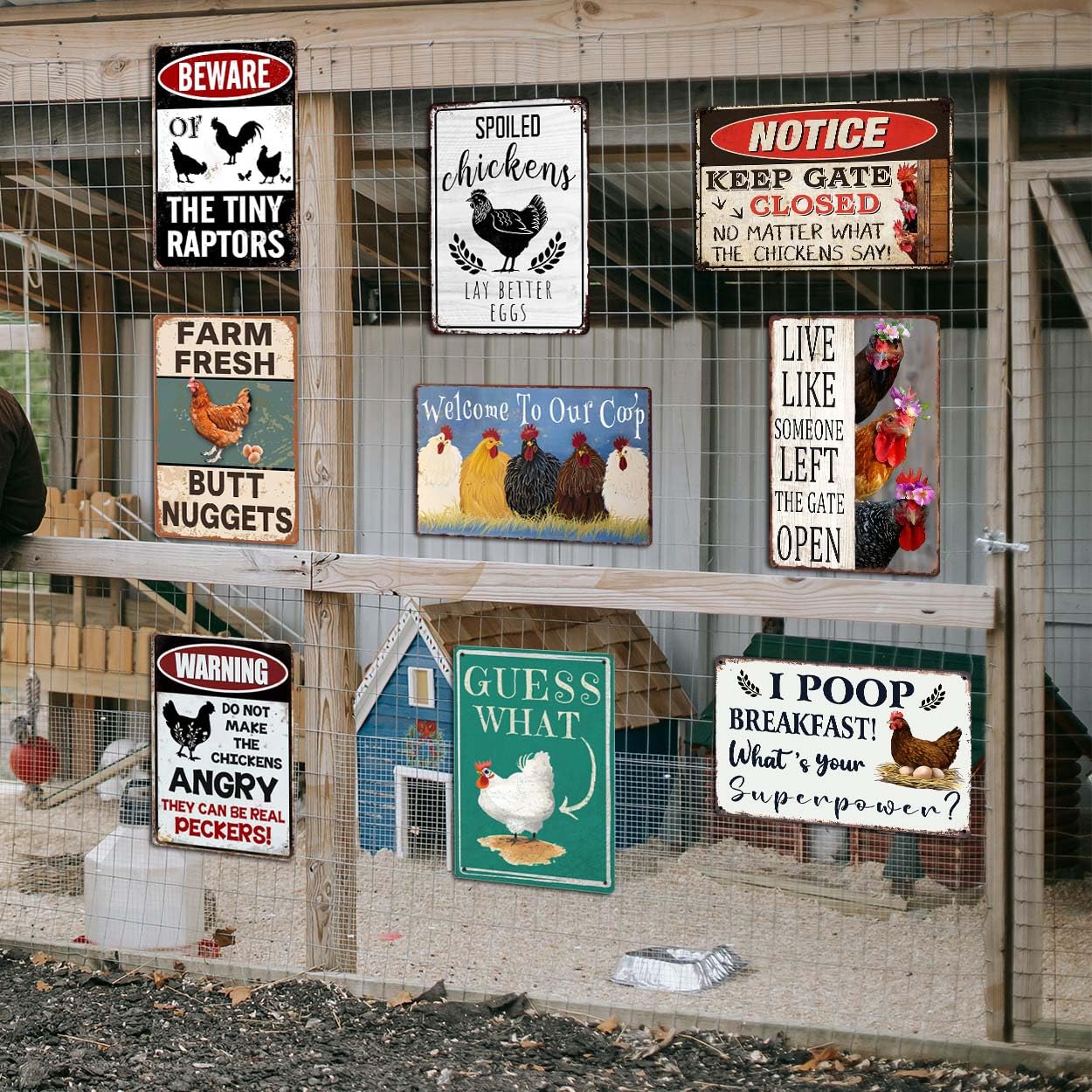 Funny Chicken Coop Signs Outdoor Decor - Personalized Metal Farm Signs for Outdoors, Vintage Chickens Tin Sign 8x12 Inches (9-Pa