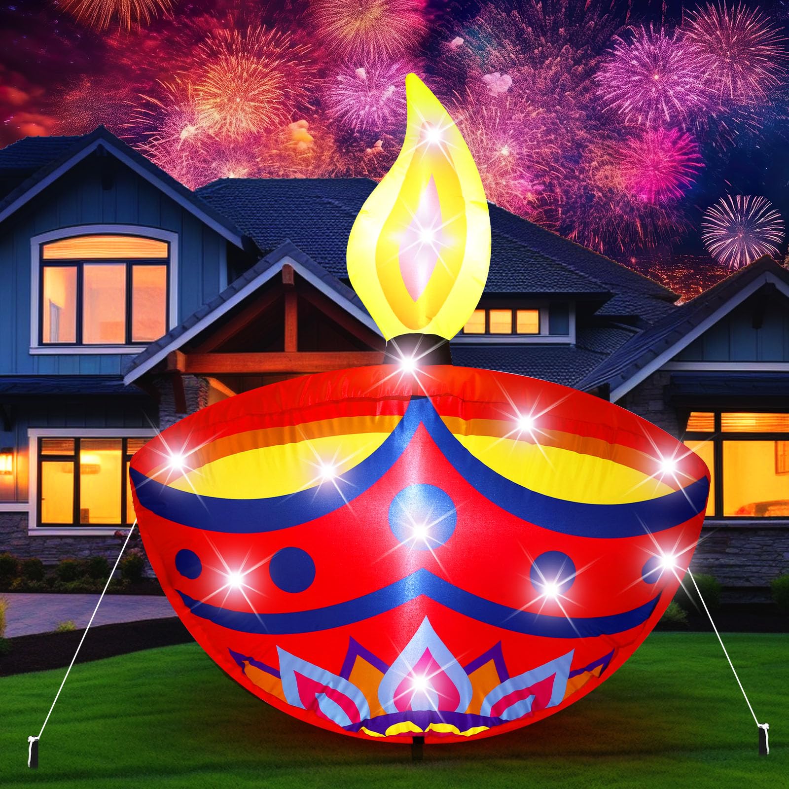 VIHOSE 4.27 ft Happy Diwali Inflatables Outdoor Decorations Diyas Oil Lamp Blow up Yard Decor Tea Light Style Indian Diwali with