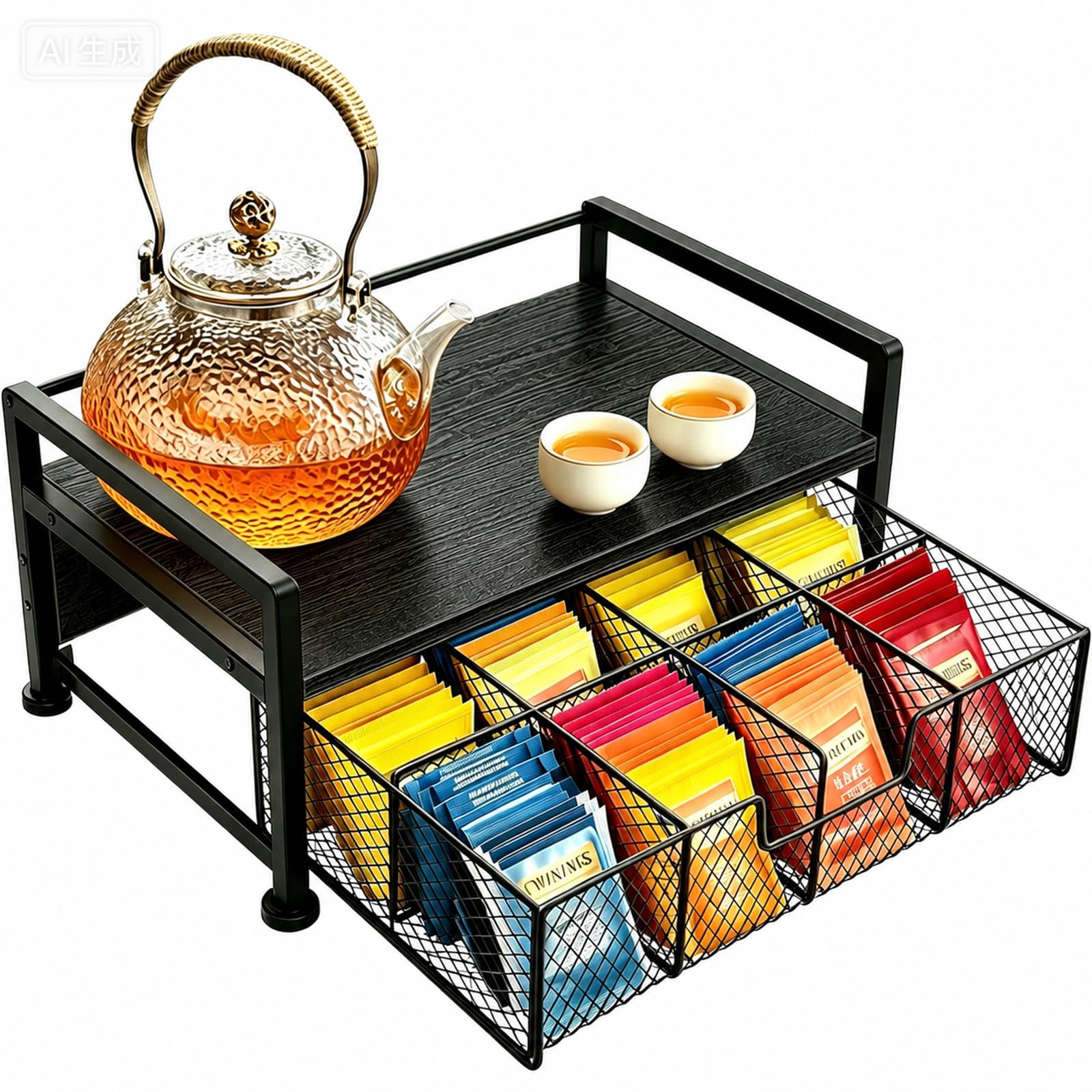 Tea Bag Organizer, Wooden Tea Box with Drawer and Top Tray, Black