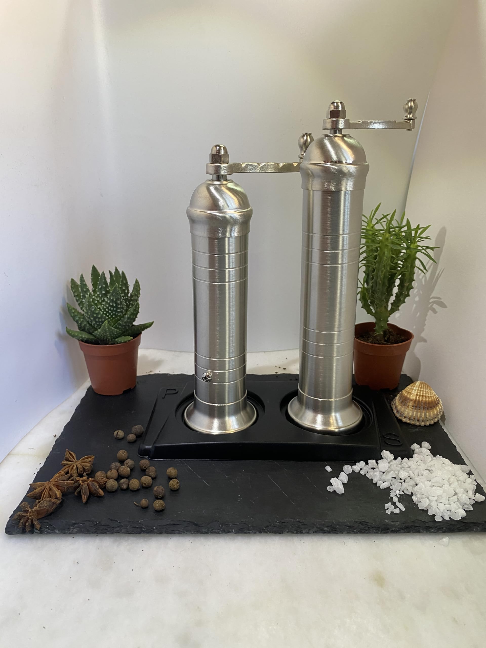 Alexander Handcrafted European Greek Mill Set Authentic 2-Piece Nickel Mat Finish Pepper 8 & Salt 9 Grinder, Adjustable Grind, V