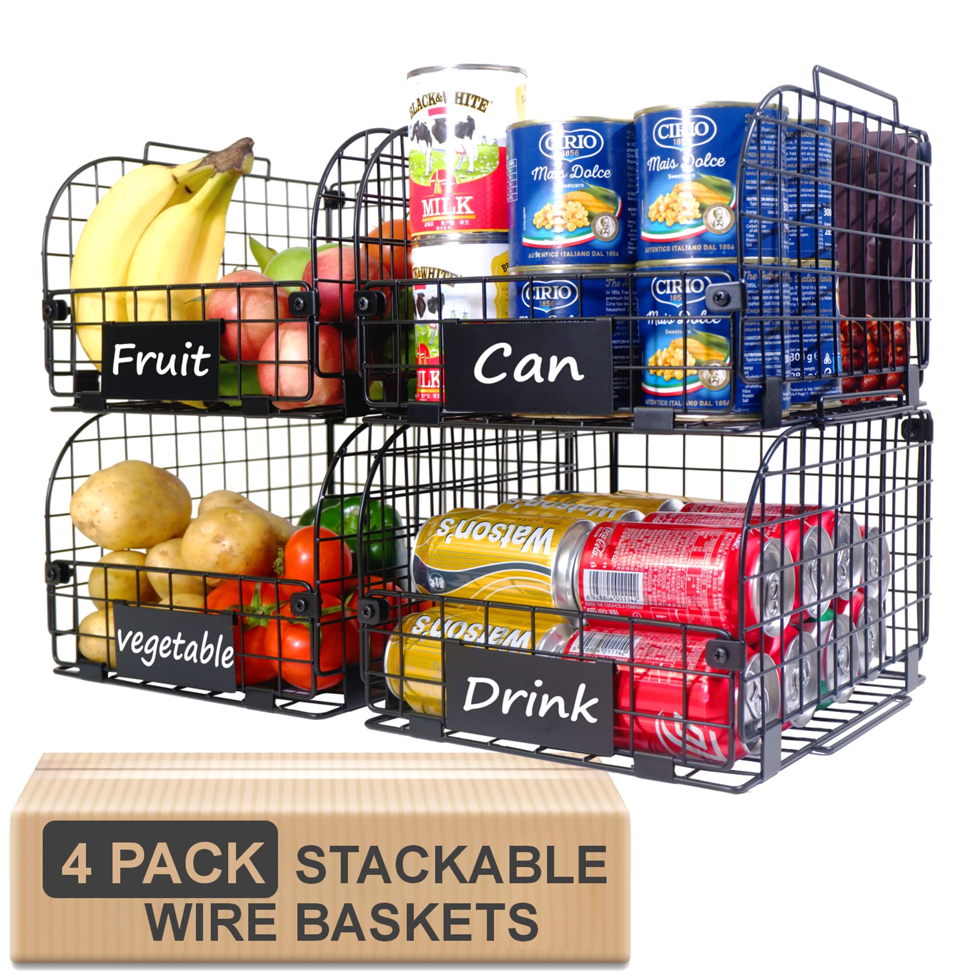 4 Pack Wire Stackable Baskets For Organizing,Fruit Basket For Kitchen,Pantry Organizers And Storage,12''X10.4''X7.8'' Metal Bask