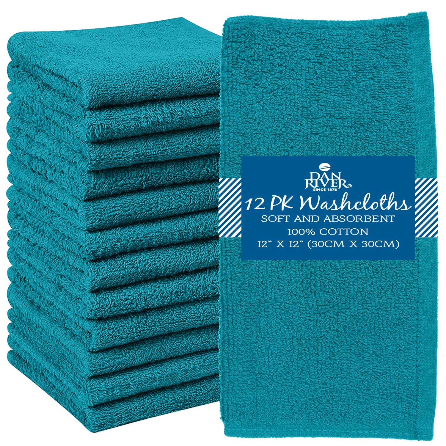 Dan River Washcloths - 12 Pack, 12X12 Inches, 400 Gsm, Teal, 100% Cotton, Soft & Highly Absorbent Wash Cloths For Face And Body,