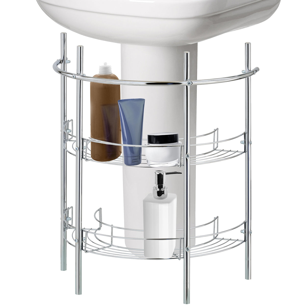 Mygift Chrome Plated Metal Under-The-Sink Rack Bathroom Quality Pedestal Storage Organizer With 2 Display Shelves And Hand Towel