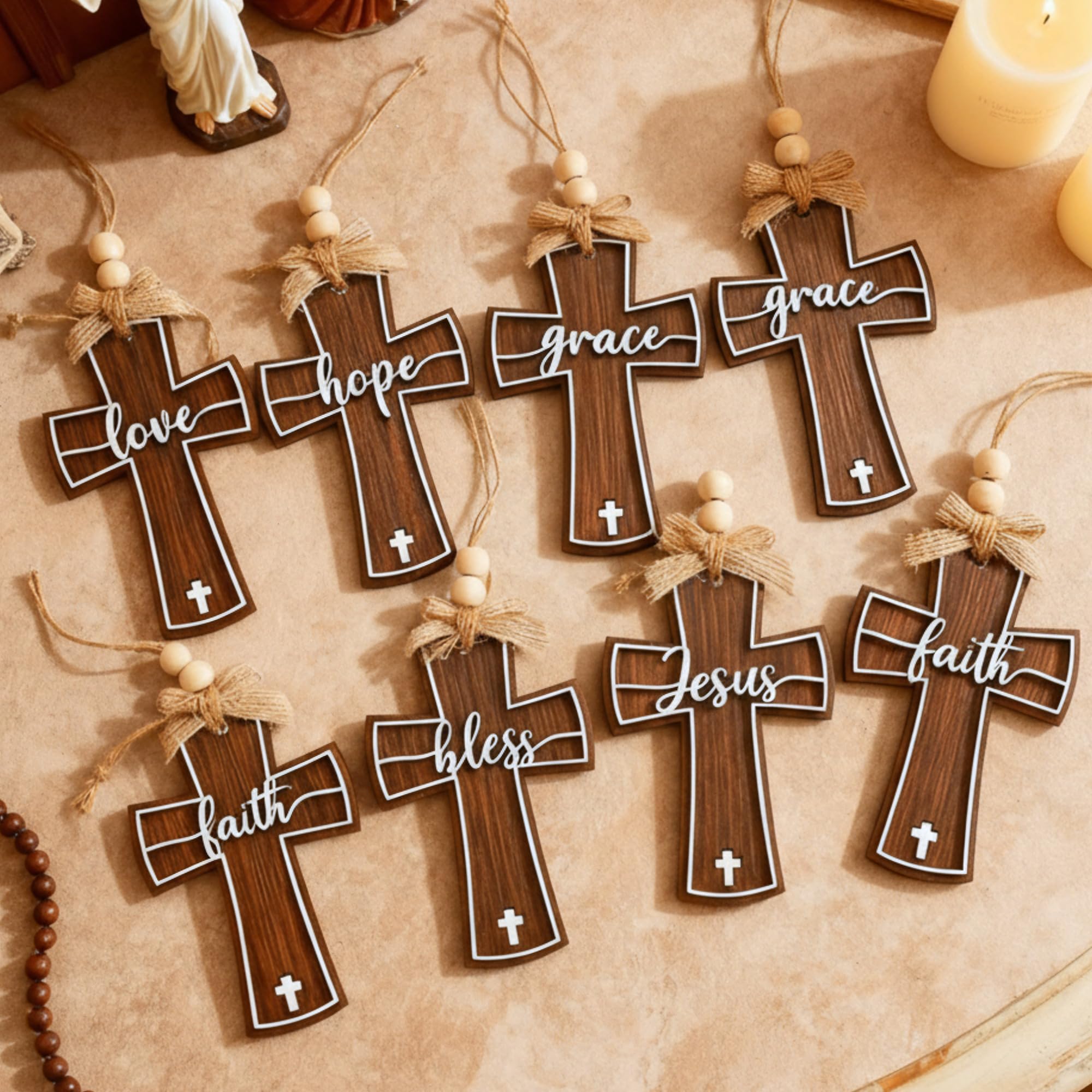 Vercraft 24 Pcs Christmas Wooden Cross Ornaments for Tree Christian Religious Cross Church Hanging Ornaments Decorations Bulk Fa