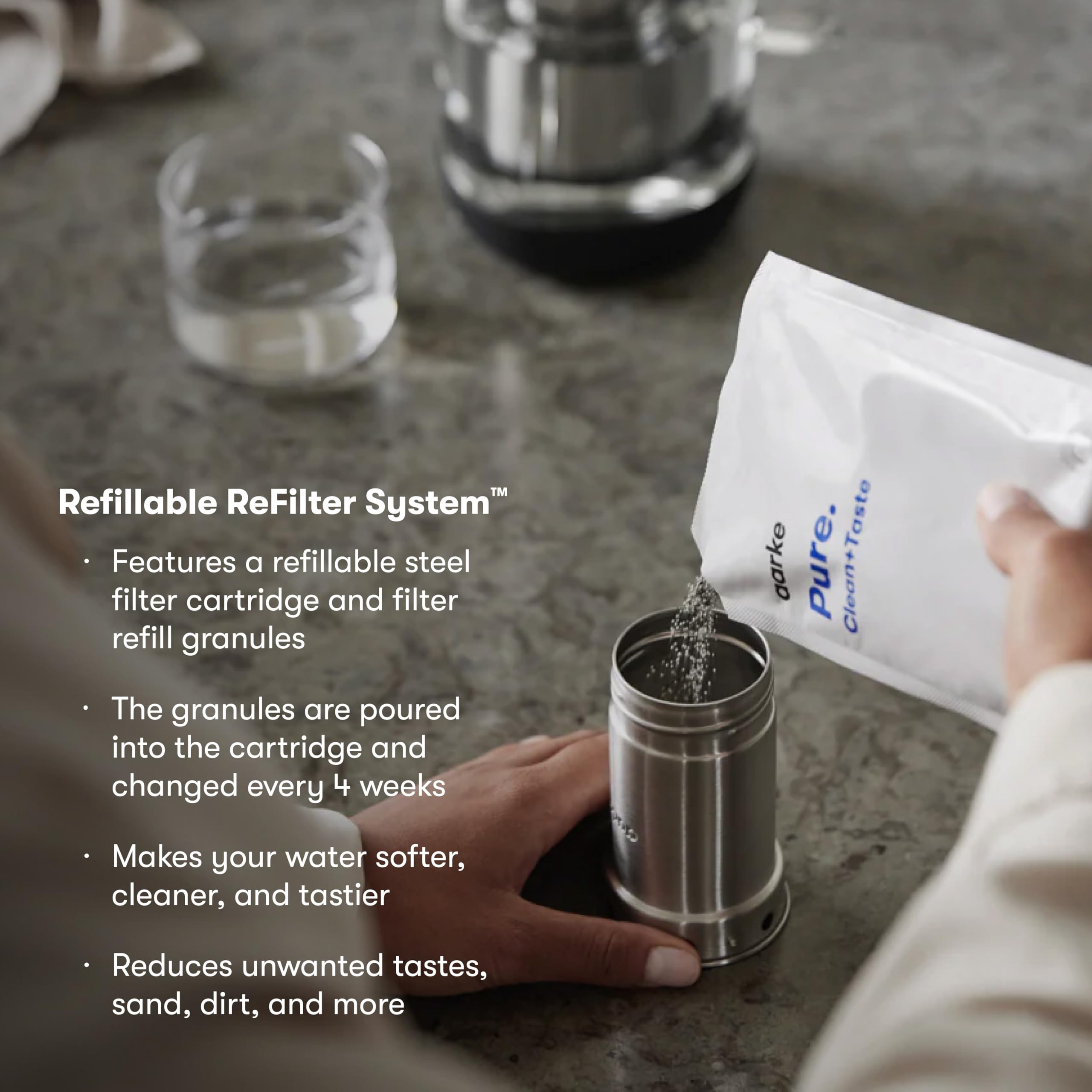 Aarke Purifier Glass Water Pitcher, Refillable Stainless Steel Filter, 8-Weeks Performance, Bpa-Free, Dishwasher Safe, Pure & En