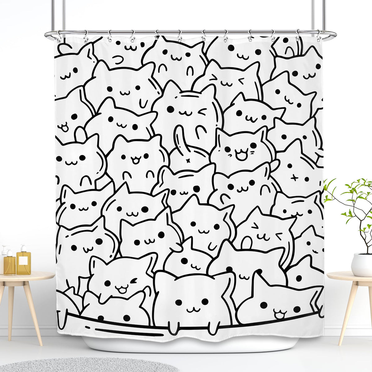 Svbright Cat Shower Curtain 60Wx72L Inch Kids Funny Black White Animal Cute Silhouette Kitty Kitten Simple Line Humor Girls Boys