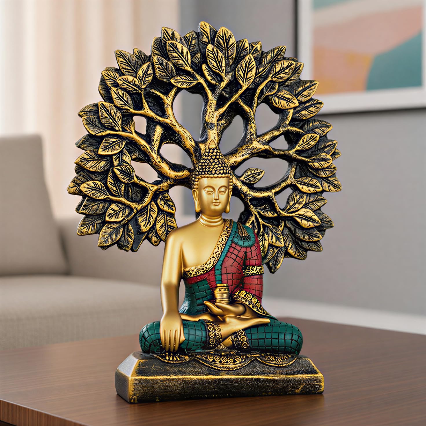Global Grabbers Buddha Statue Showpiece Idol Home Decor Items For Living Room And Gifts (Golden Red Blue)