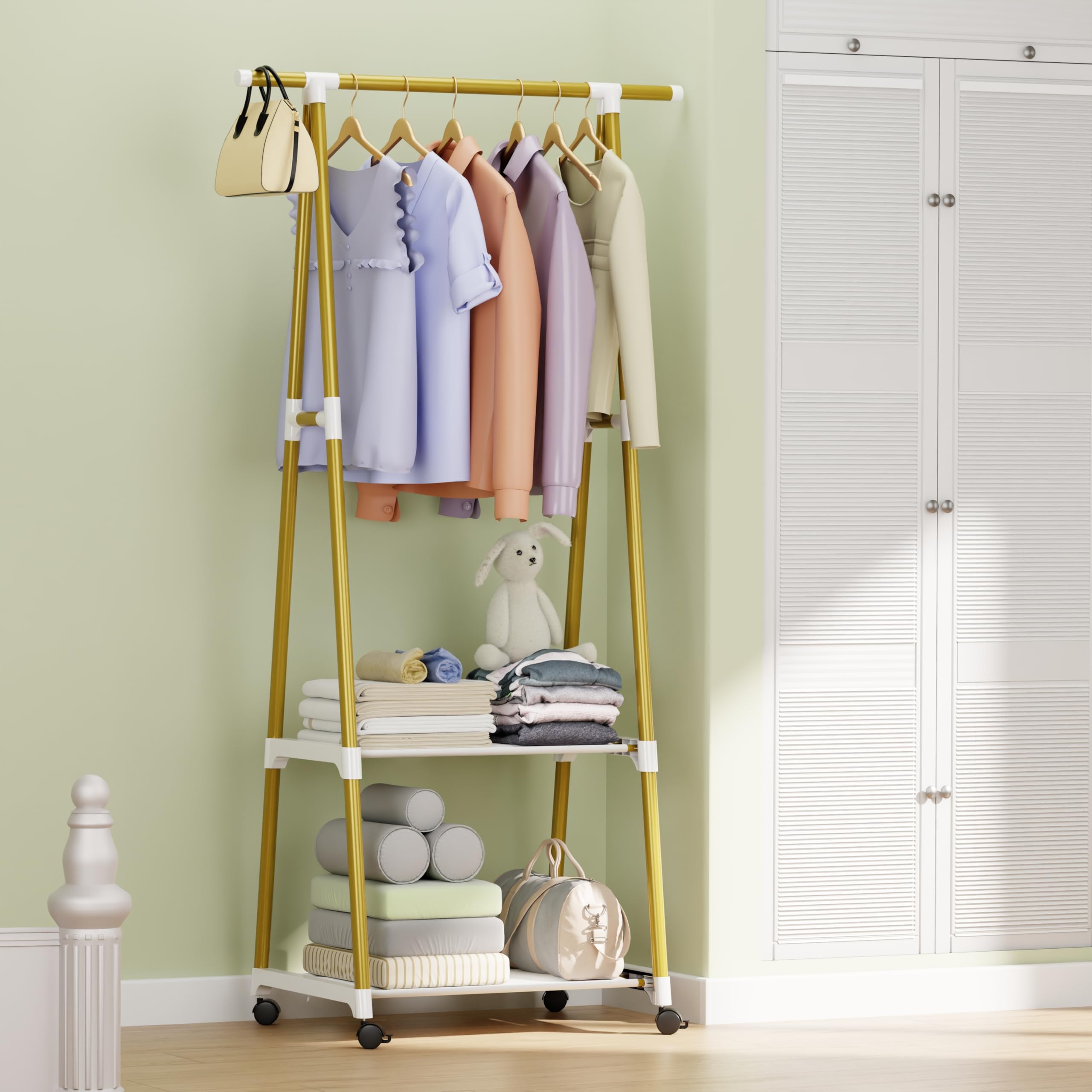 Lukzer AShape Mgr010/Gold Garment Rack | Multipurpose Coat Hanger, Clothes Organizer With 2 Bottom Shelves, SpaceSaving Stora