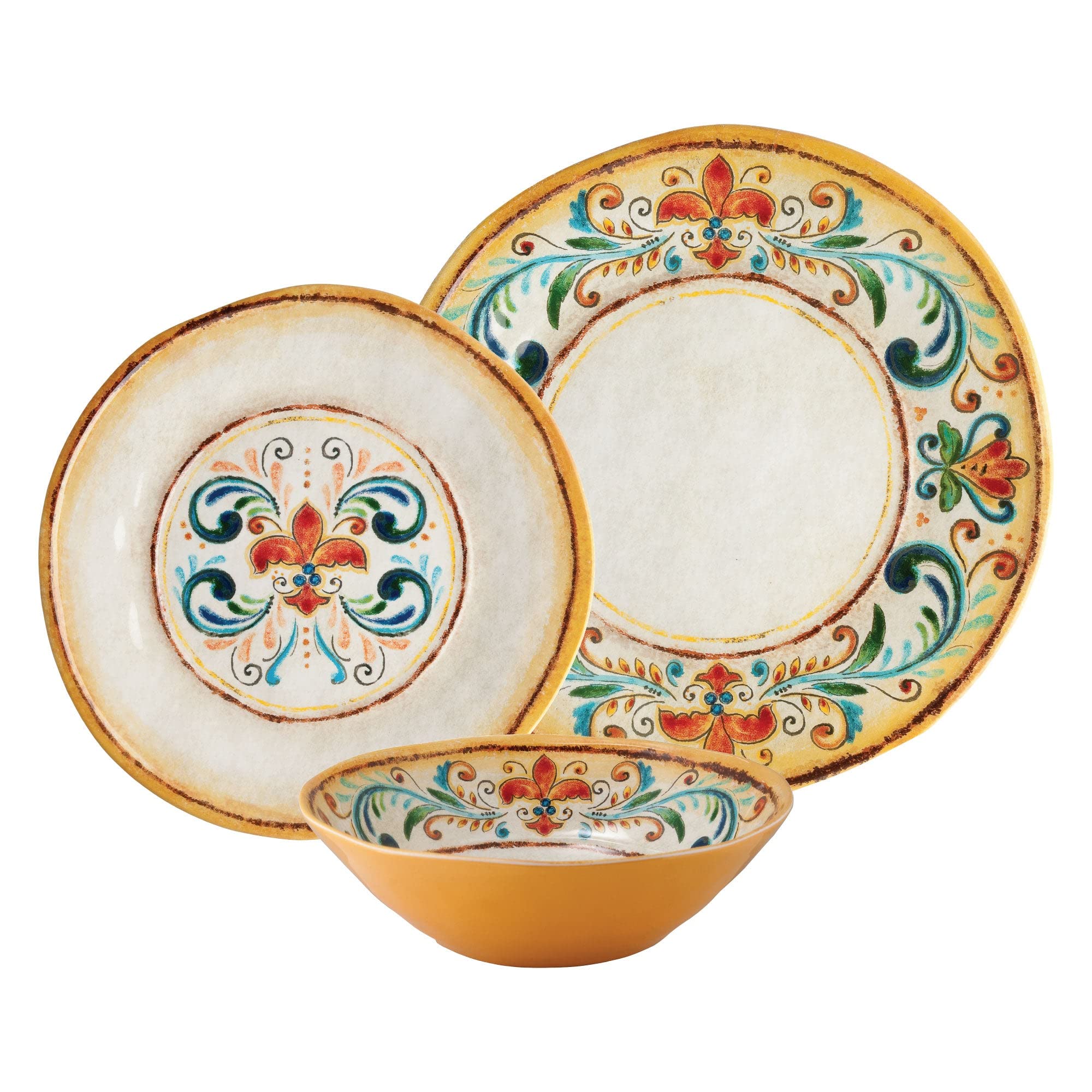 Supreme Housewares 12-Piece Melamine Dinnerware Set, Includes Dinner Plates, Salad Plates, Bowls, Service For 4. (Tuscany)