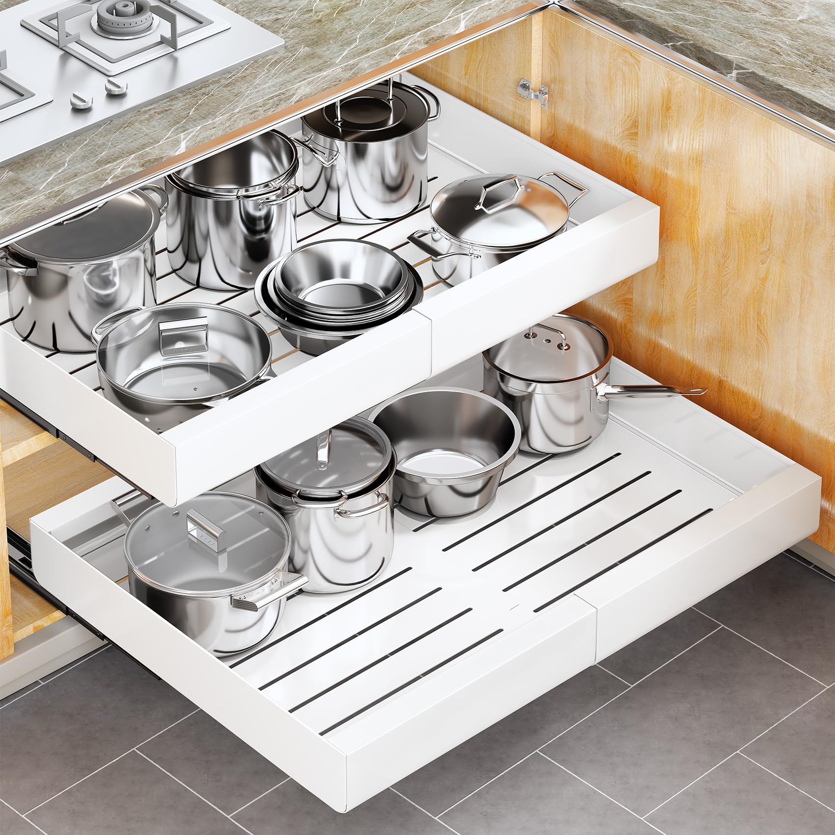 Pull out Cabinet Organizer, Wider Expandable(14-24) Heavy Duty Slide out Drawers Fixed with Adhesive Nano Film for Pots, Roll ou