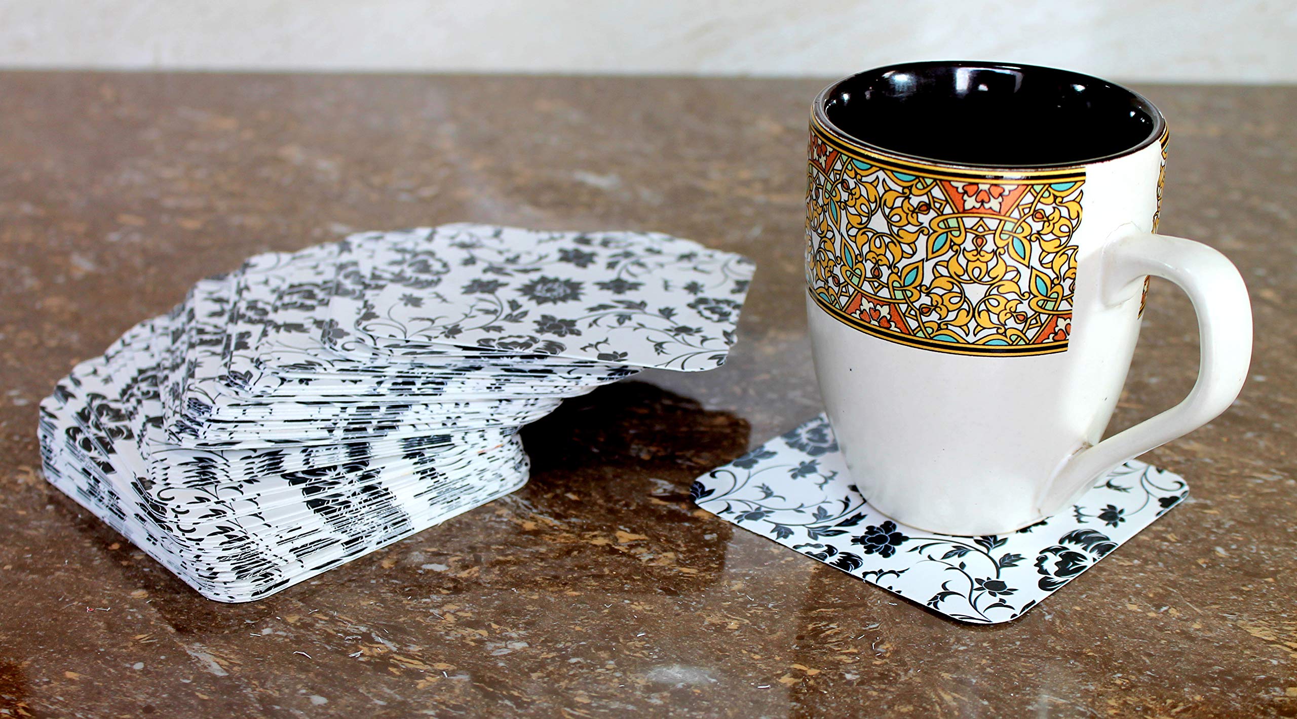 Esplanade Disposable Printed Paper Coasters - Use And Throw Reversible Paper Coasters - Set Of 100 - Black Floral