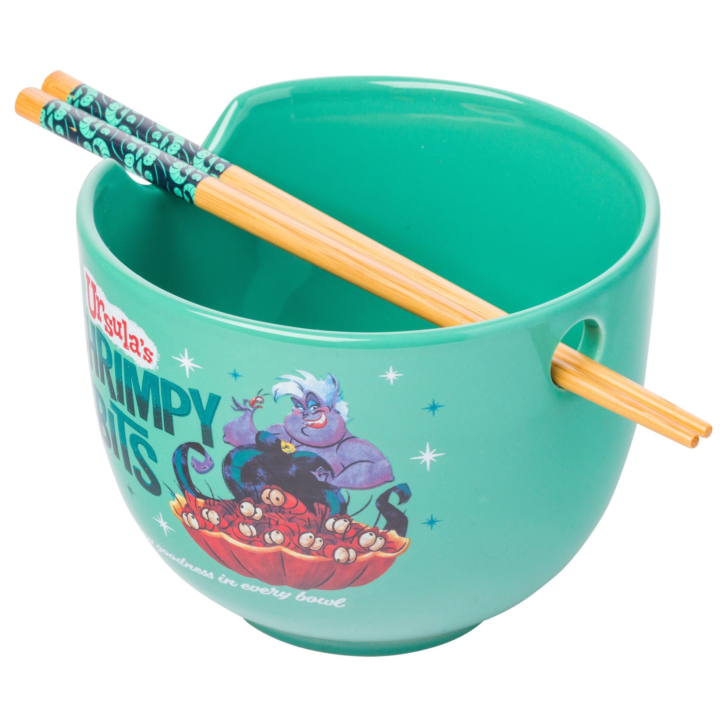Silver Buffalo Disney Villains Little Mermaid Ursula'S Shrimpy Bits Ceramic Ramen Noodle Rice Bowl With Chopsticks, Microwave Sa