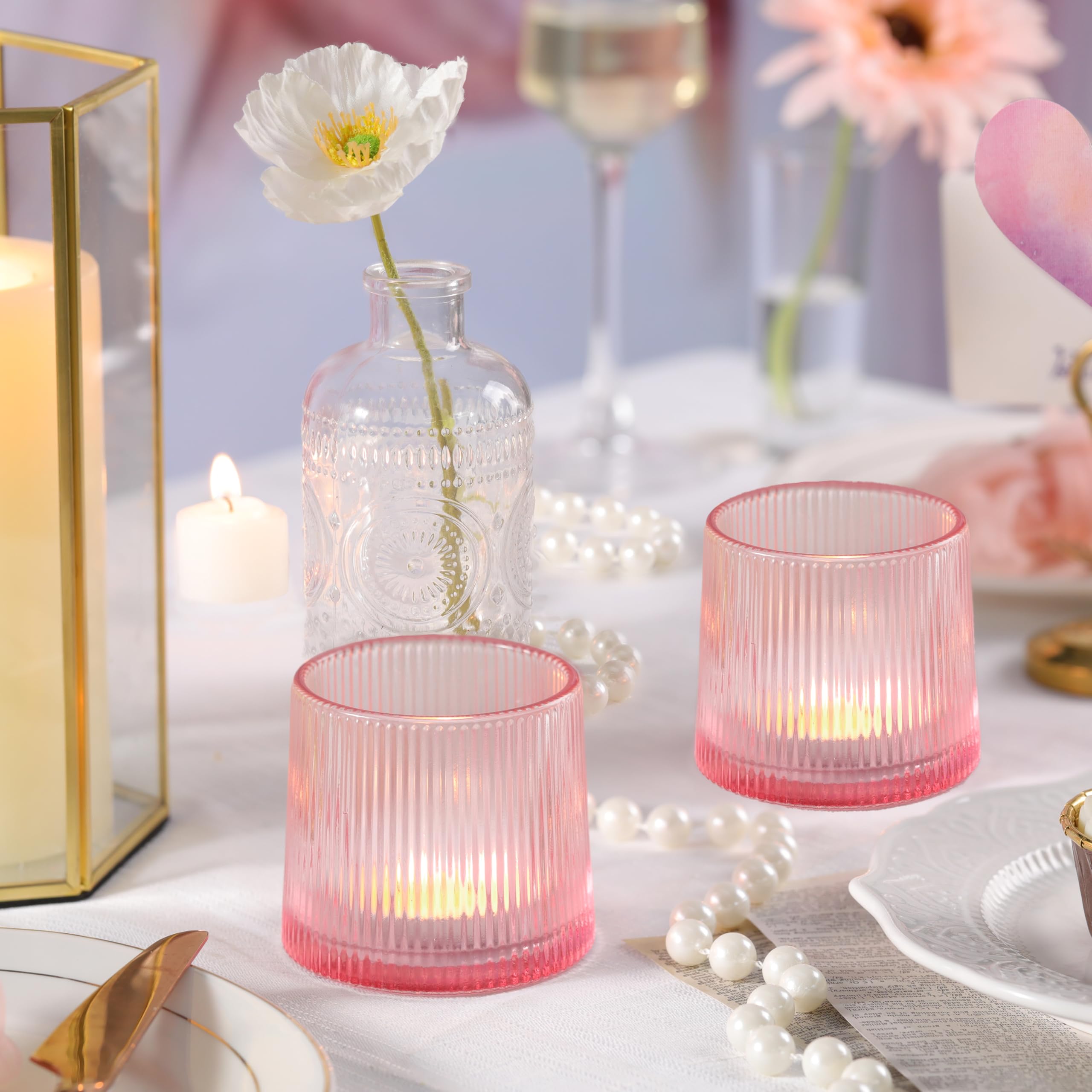 Pink Ribbed Tealight Votive Candle Holders Set of 10- Votive Candle Holders for Table Centerpiece, Tea Light Candle Holder Glass