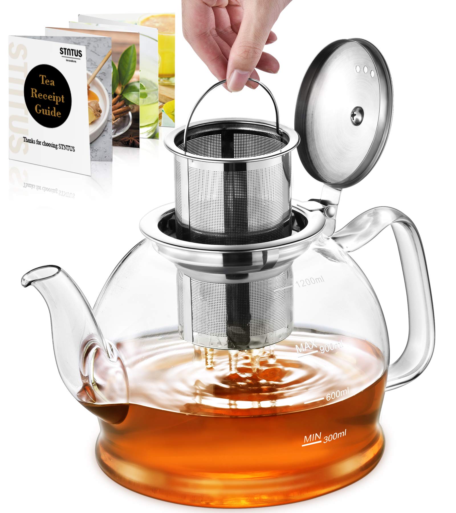 Stntus Glass Teapot, 40 Oz. / 1200 Ml For Loose Tea, Glass Teapot With Infusers For Loose Tea, Tea Pot For Stove, Teapot With St