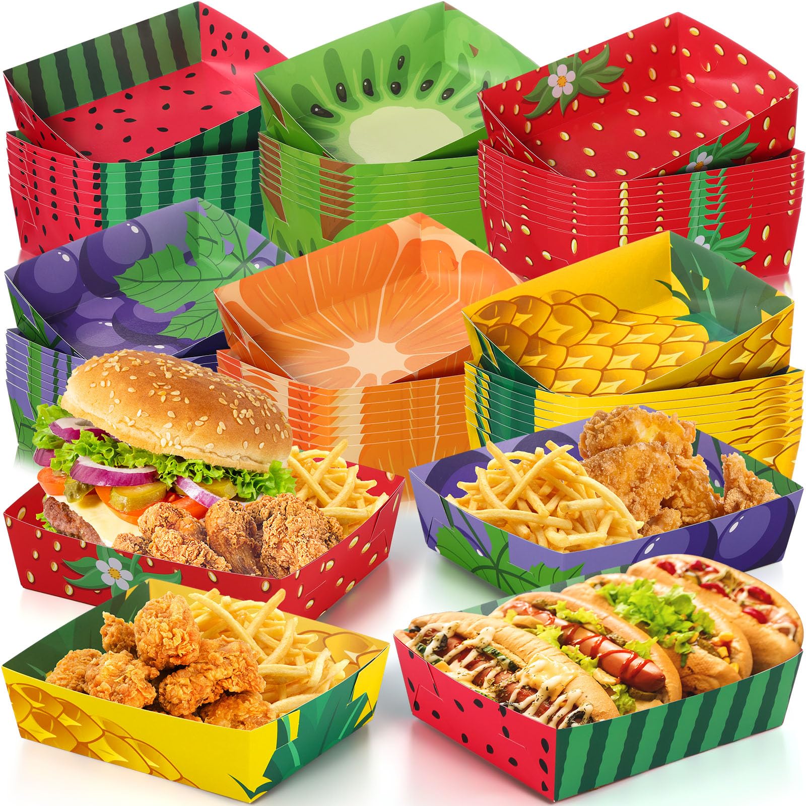 48 Pack Fruit Paper Trays Summer Fruit Print 5 Lb Disposable Serving Trays For Burger Fries, Hot Dog Taco Bbq Popcorn For Themed