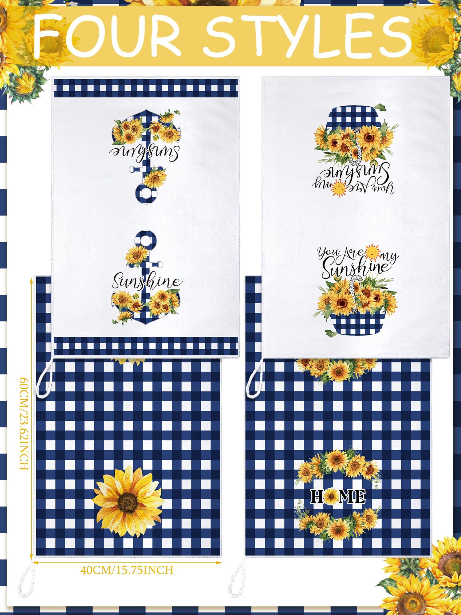 Bencailor 4 Pcs Sunflower Kitchen Towels Summer Fall Flower Floral Sea Beach Lemon Hand Dish Towels Fast Drying Decor Housewarmi