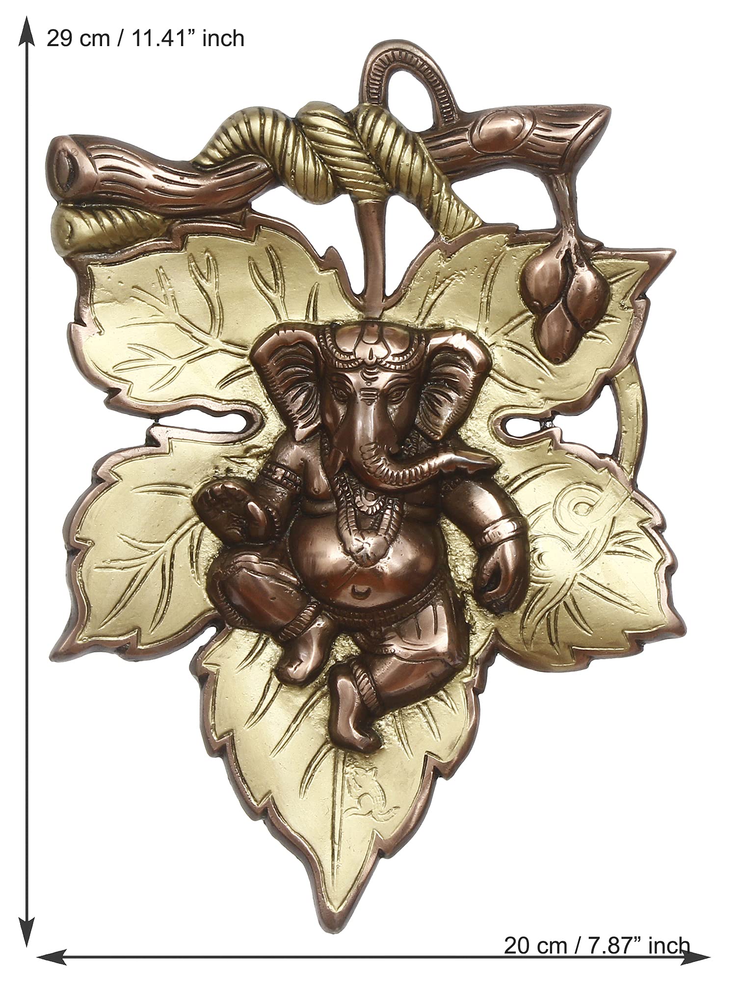 Ecraftindia Golden And Copper Finish Lord Ganesha On Creative Leaf Metal Wall Hanging - Decorative Hindu God Idol For Home, Livi