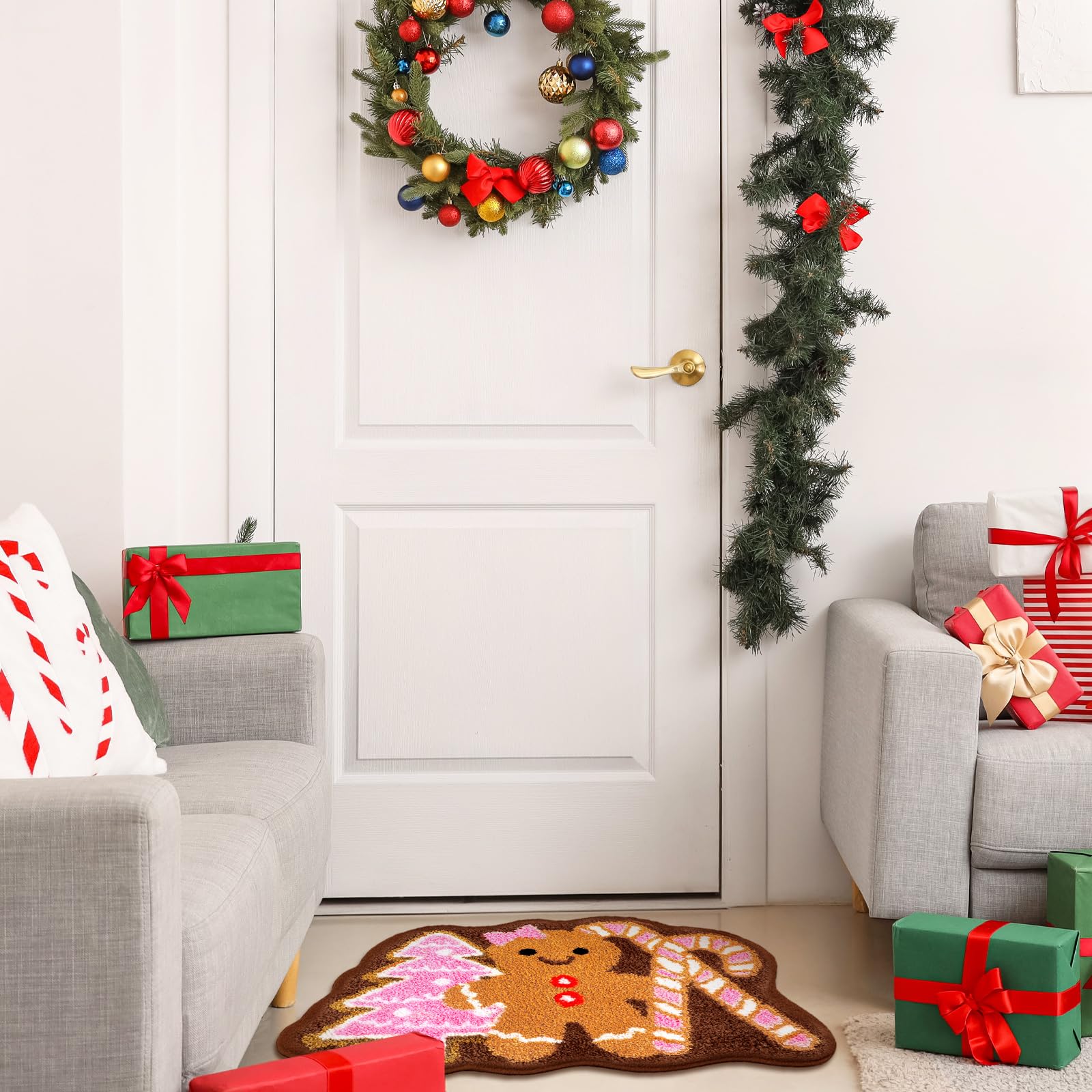 Drydiet Christmas Gingerbread Man Bathroom Rug Cute Xmas Candy Cane Christmas Tree Door Mat Bath Mat Shower Bathroom Decoration