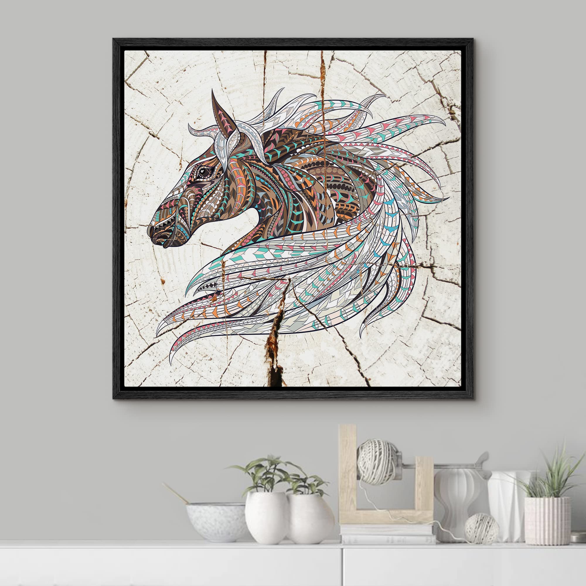 Wall26 Framed Canvas Print Wall Art Wood Ring Effect Tribal Pattern Horse Animals Wildlife Wood Modern Art Farmhouse/Country Exp