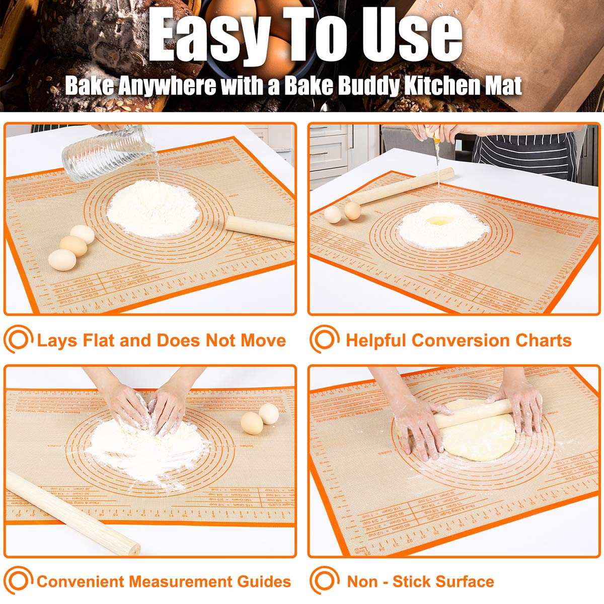 Silicone Pastry Mat 36X24 Inch Nonstick Baking Mat With Measurement, Perfect For Dough Mat, Pastry Board, Kitchen Counter Mat, D